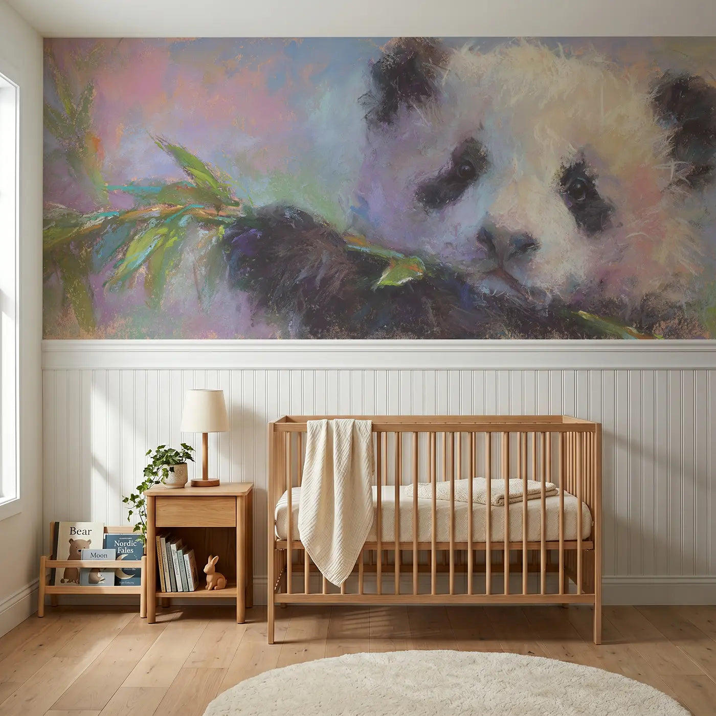 Soft Pastel baby panda leaf hold chalk wainscoting wallpaper for nursery by Whimsy Tots.