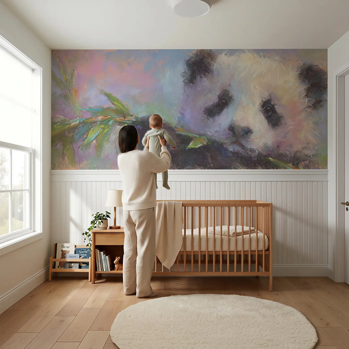 Child reading near Chalk Baby Panda Leaf Hold Wainscoting Wallpaper by Whimsy Tots