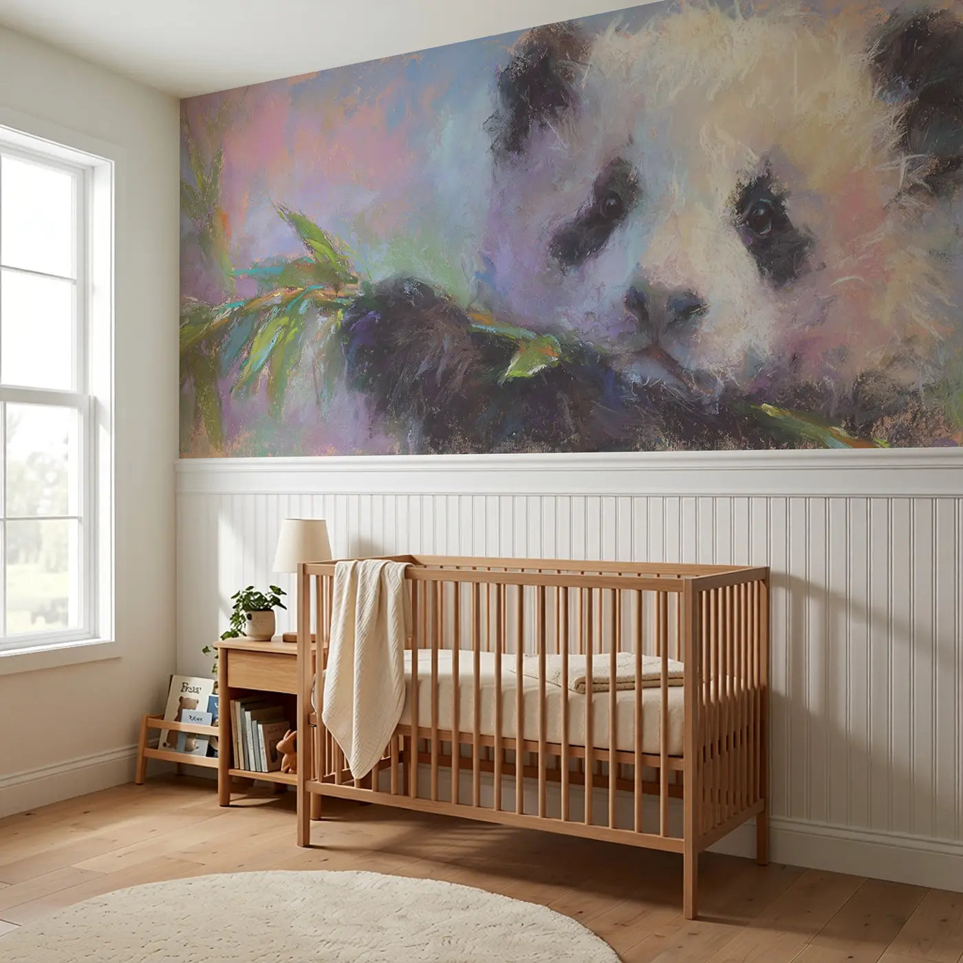 Chalk Baby Panda Leaf Hold Wainscoting Wallpaper styled in a kids bedroom by Whimsy Tots