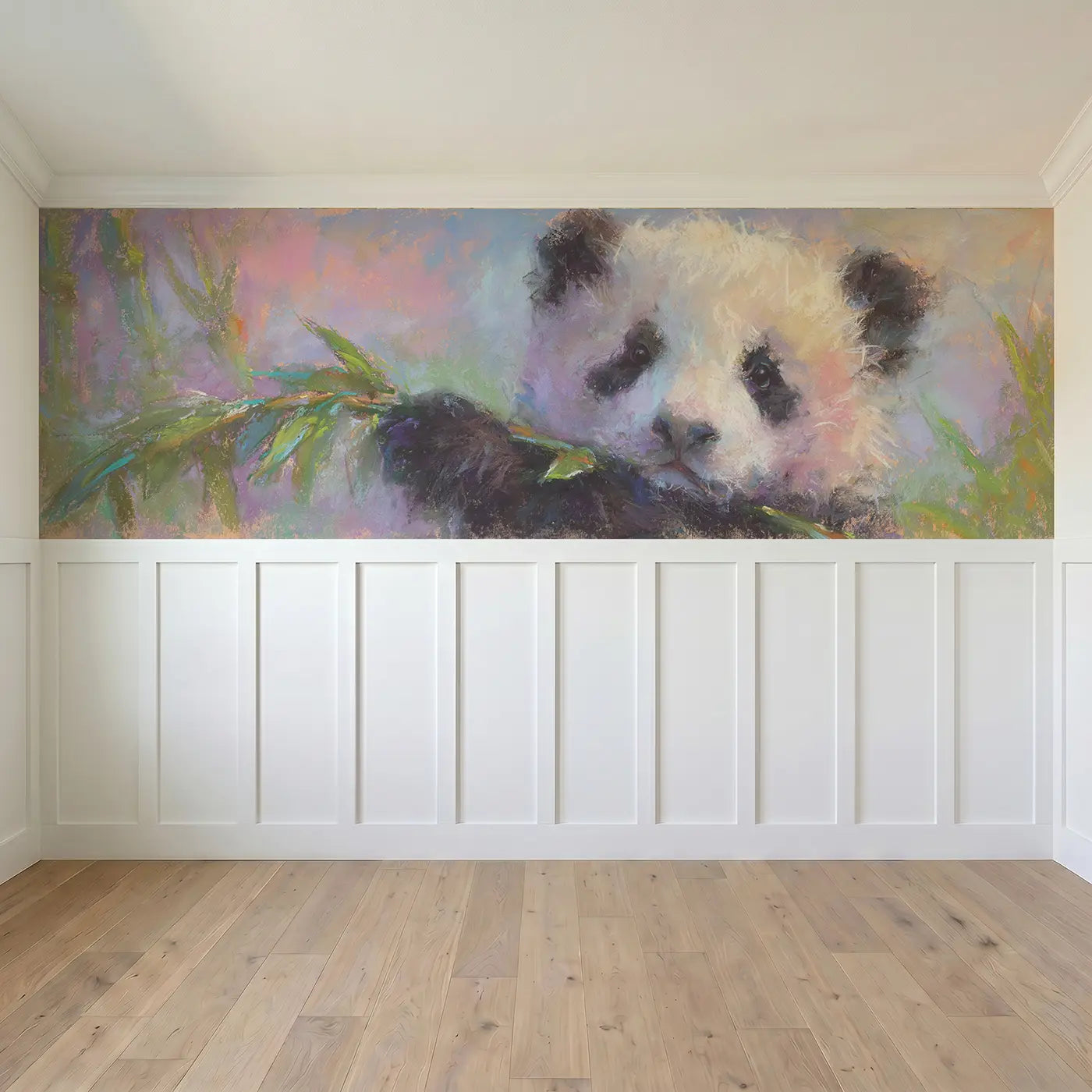 Full panel view of Chalk Baby Panda Leaf Hold Wainscoting Wallpaper by Whimsy Tots