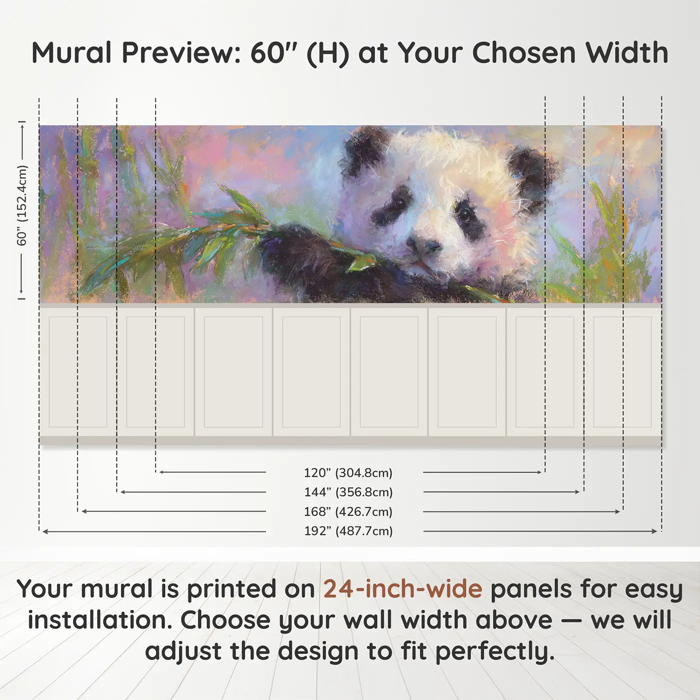 Panel dimensions for Chalk Baby Panda Leaf Hold Wainscoting Wallpaper by Whimsy Tots