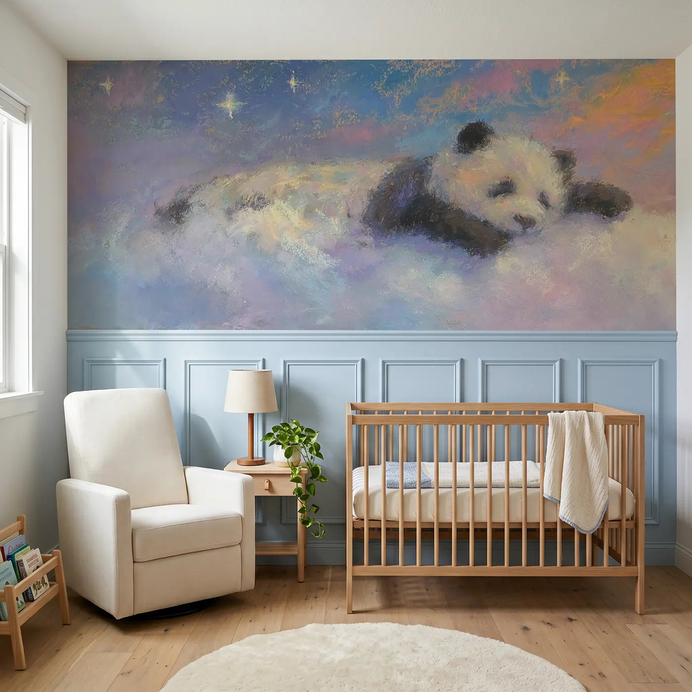 Soft Pastel panda cloud sleep chalk wainscoting wallpaper for nursery by Whimsy Tots.
