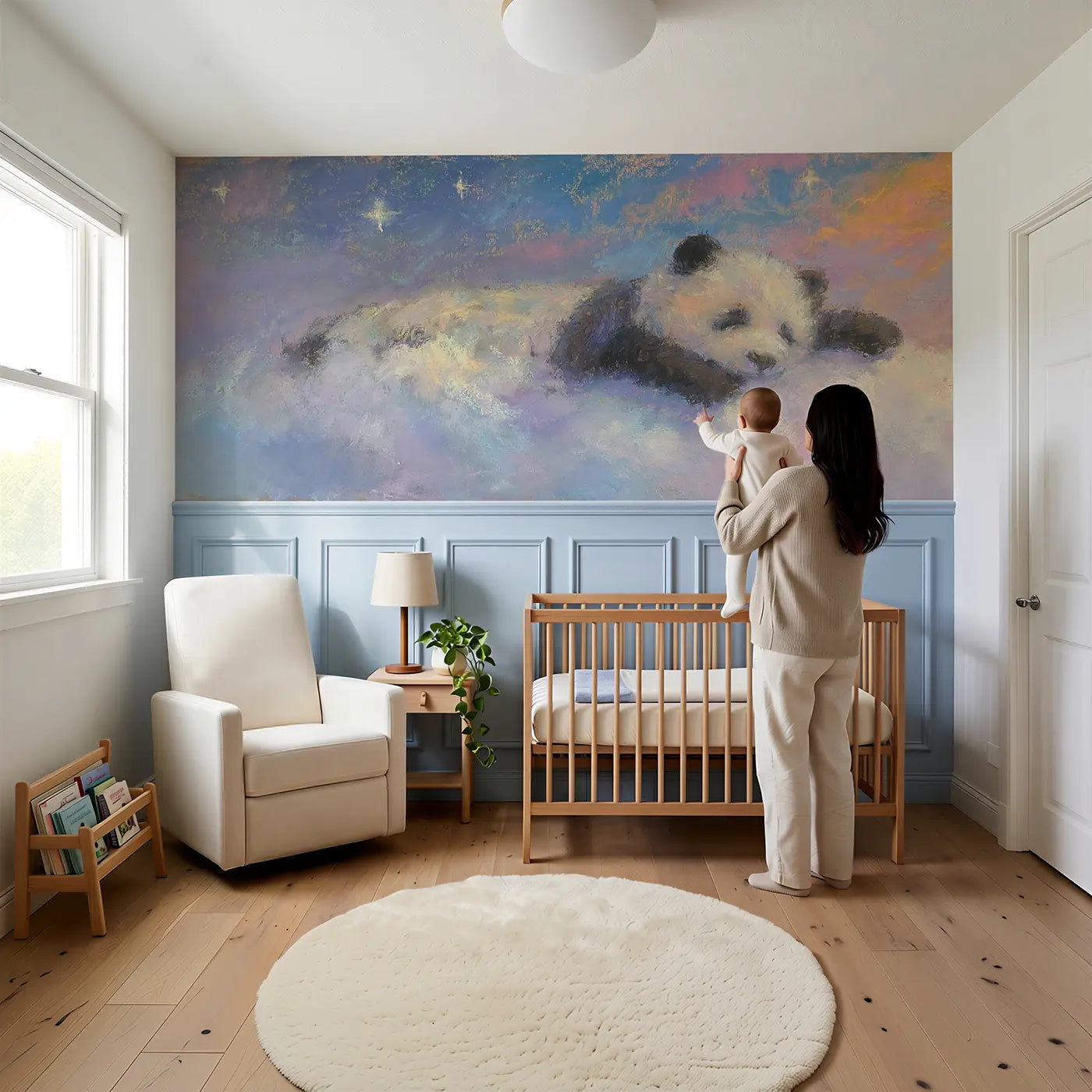 Child reading near Fuzzy Panda Cloud Sleep Wainscoting Wallpaper by Whimsy Tots