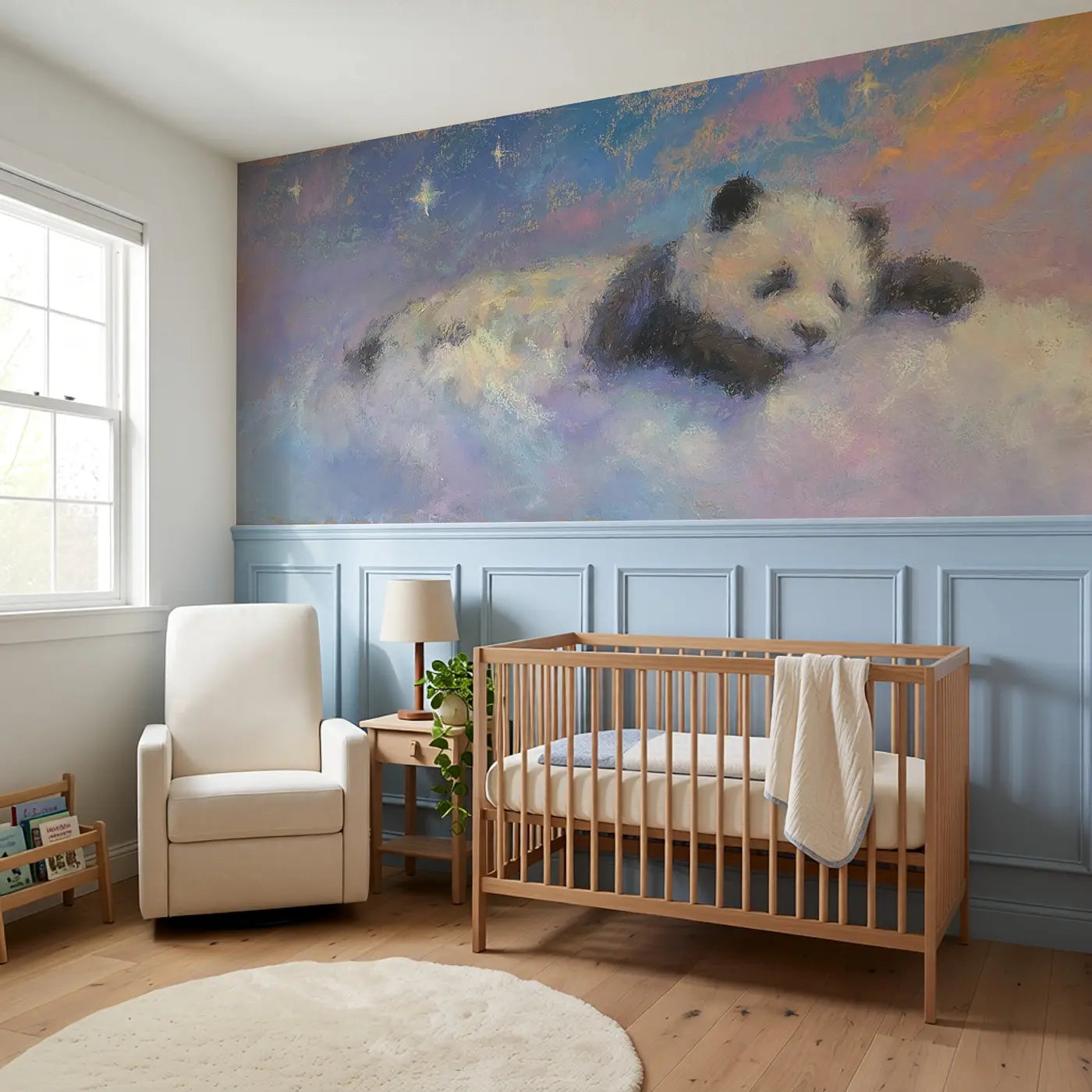 Fuzzy Panda Cloud Sleep Wainscoting Wallpaper styled in a kids bedroom by Whimsy Tots