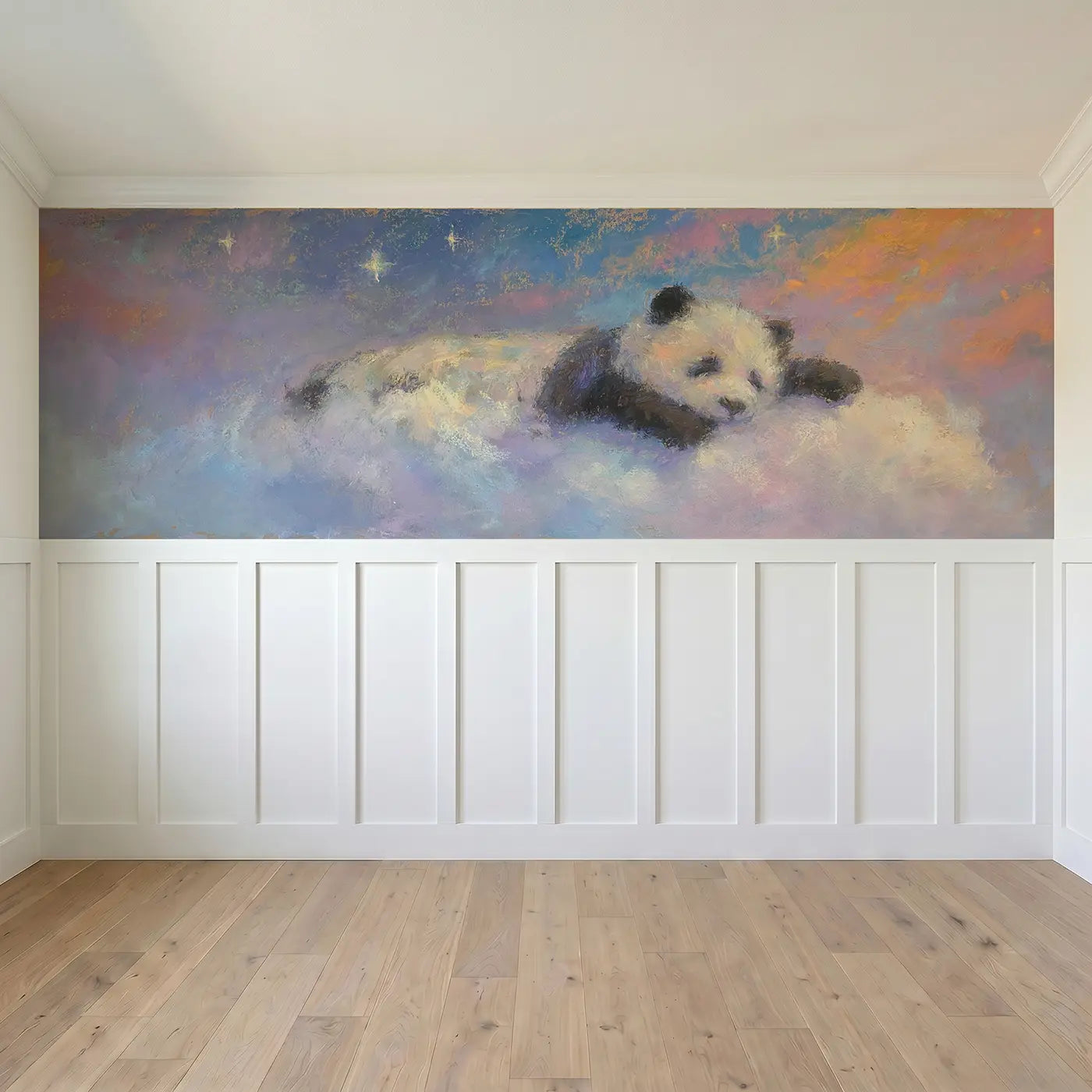 Full panel view of Fuzzy Panda Cloud Sleep Wainscoting Wallpaper by Whimsy Tots