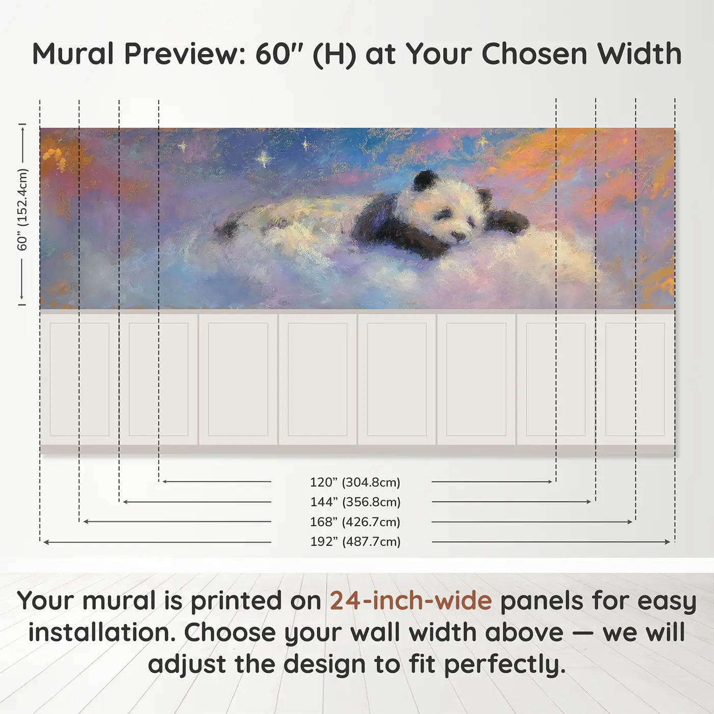 Panel dimensions for Fuzzy Panda Cloud Sleep Wainscoting Wallpaper by Whimsy Tots