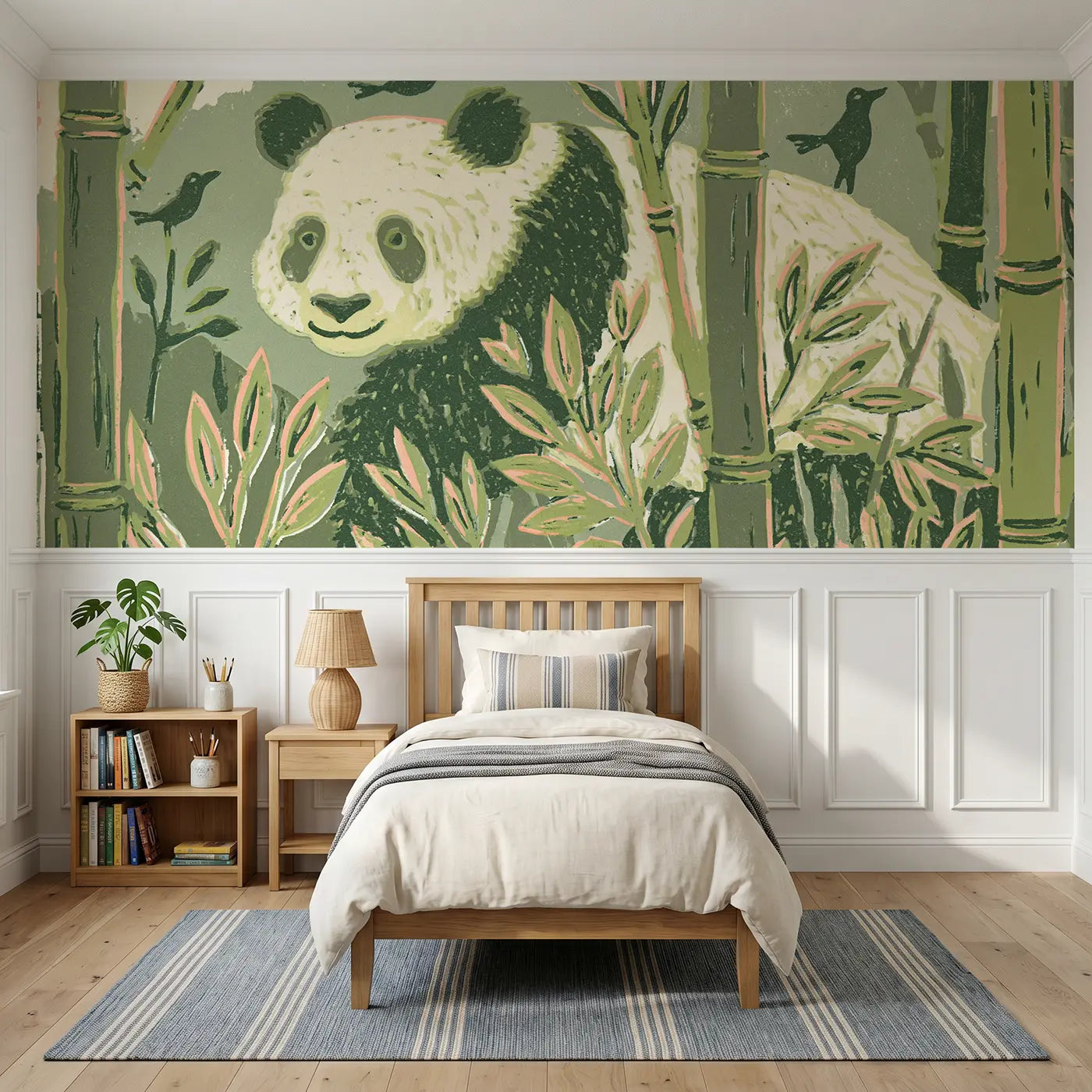 Block Print panda bamboo grove wainscoting wallpaper for bedroom by Whimsy Tots.