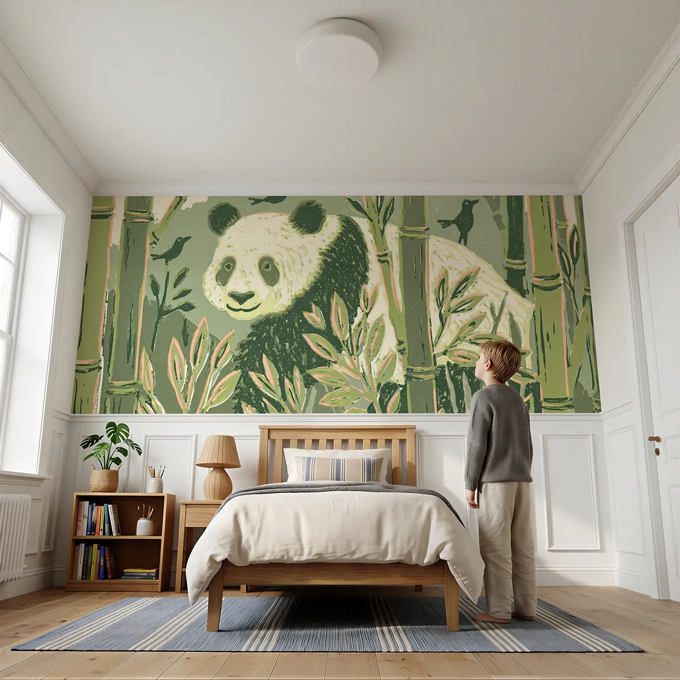 Child reading near Carved Panda Bamboo Grove Wainscoting Wallpaper by Whimsy Tots