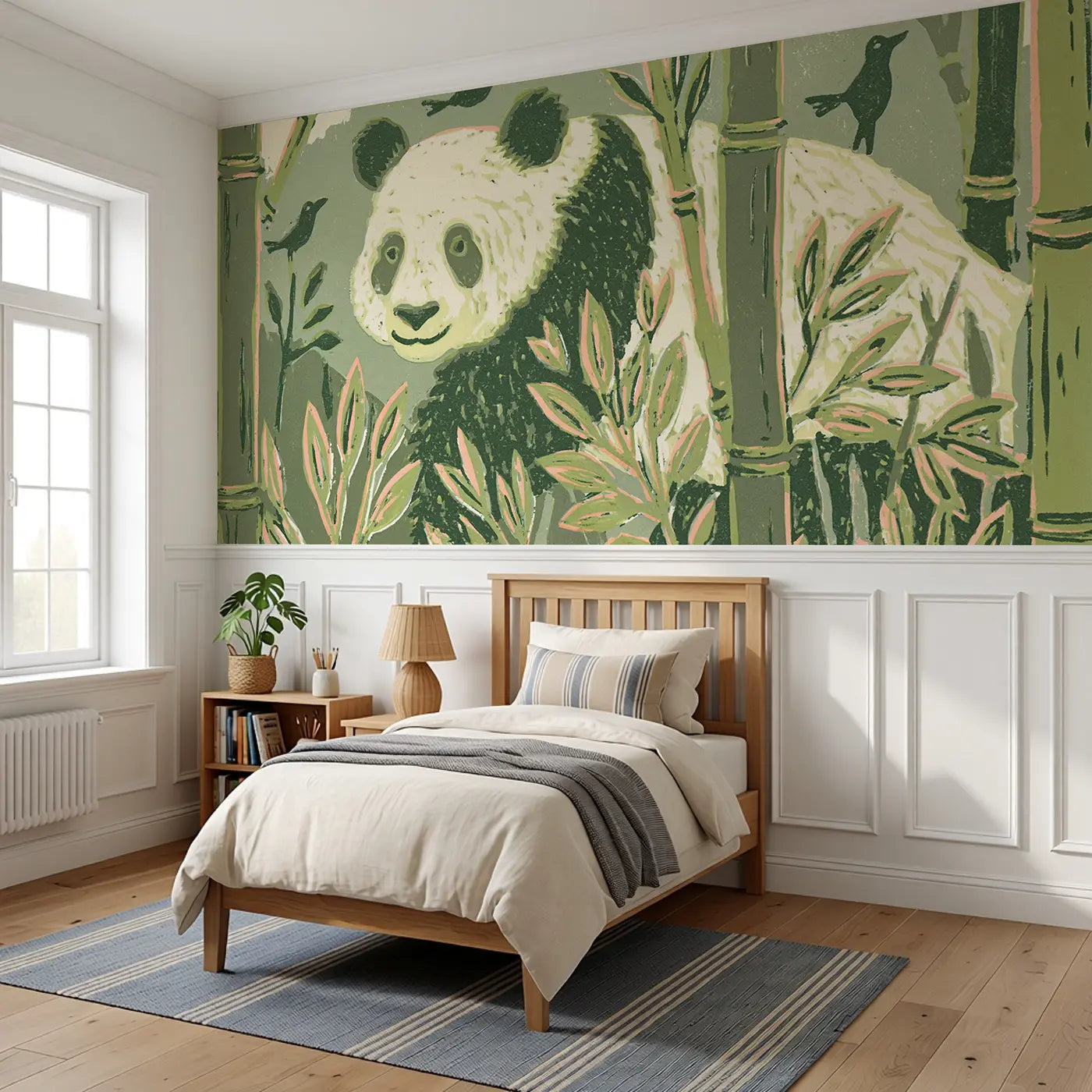 Carved Panda Bamboo Grove Wainscoting Wallpaper styled in a kids bedroom by Whimsy Tots