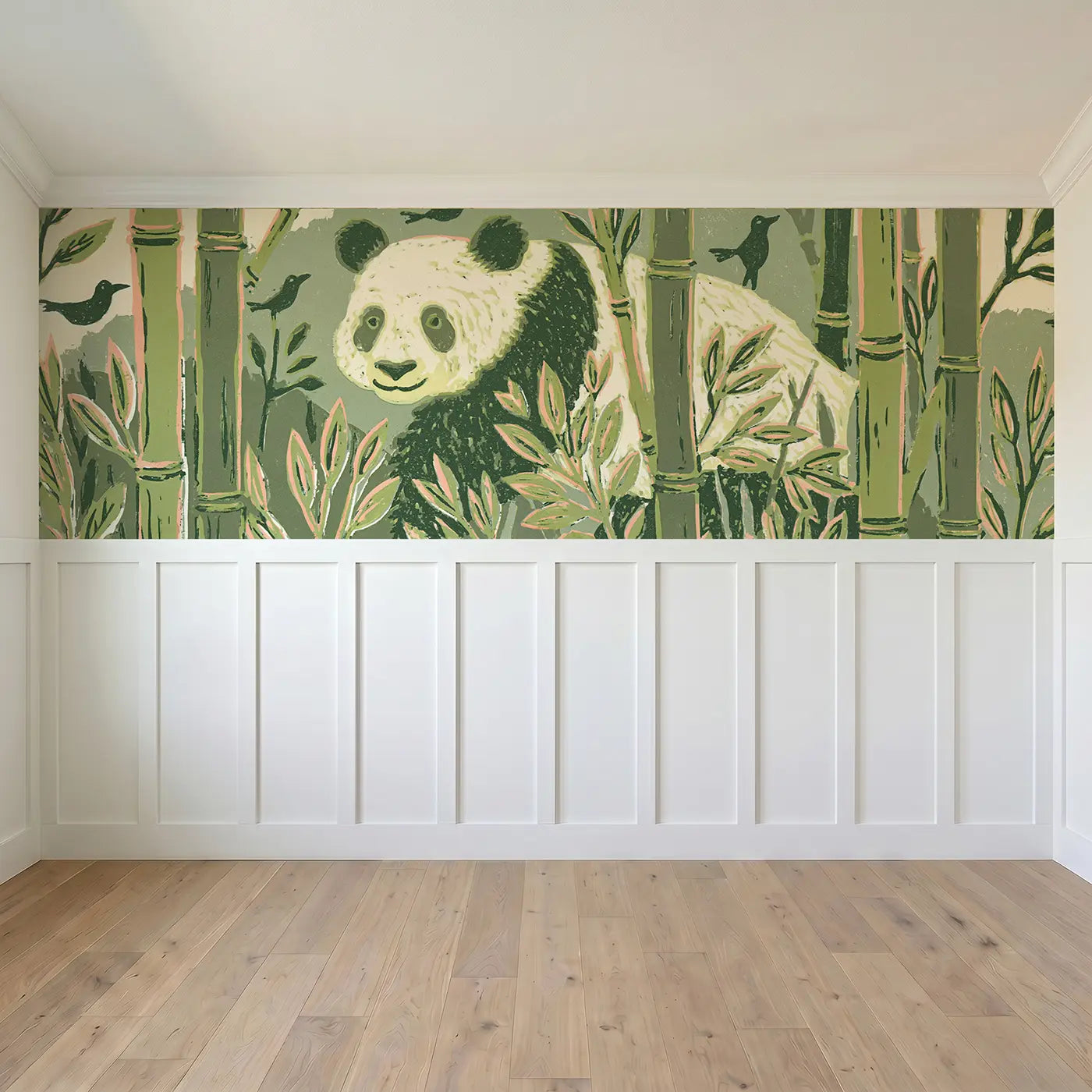 Full panel view of Carved Panda Bamboo Grove Wainscoting Wallpaper by Whimsy Tots