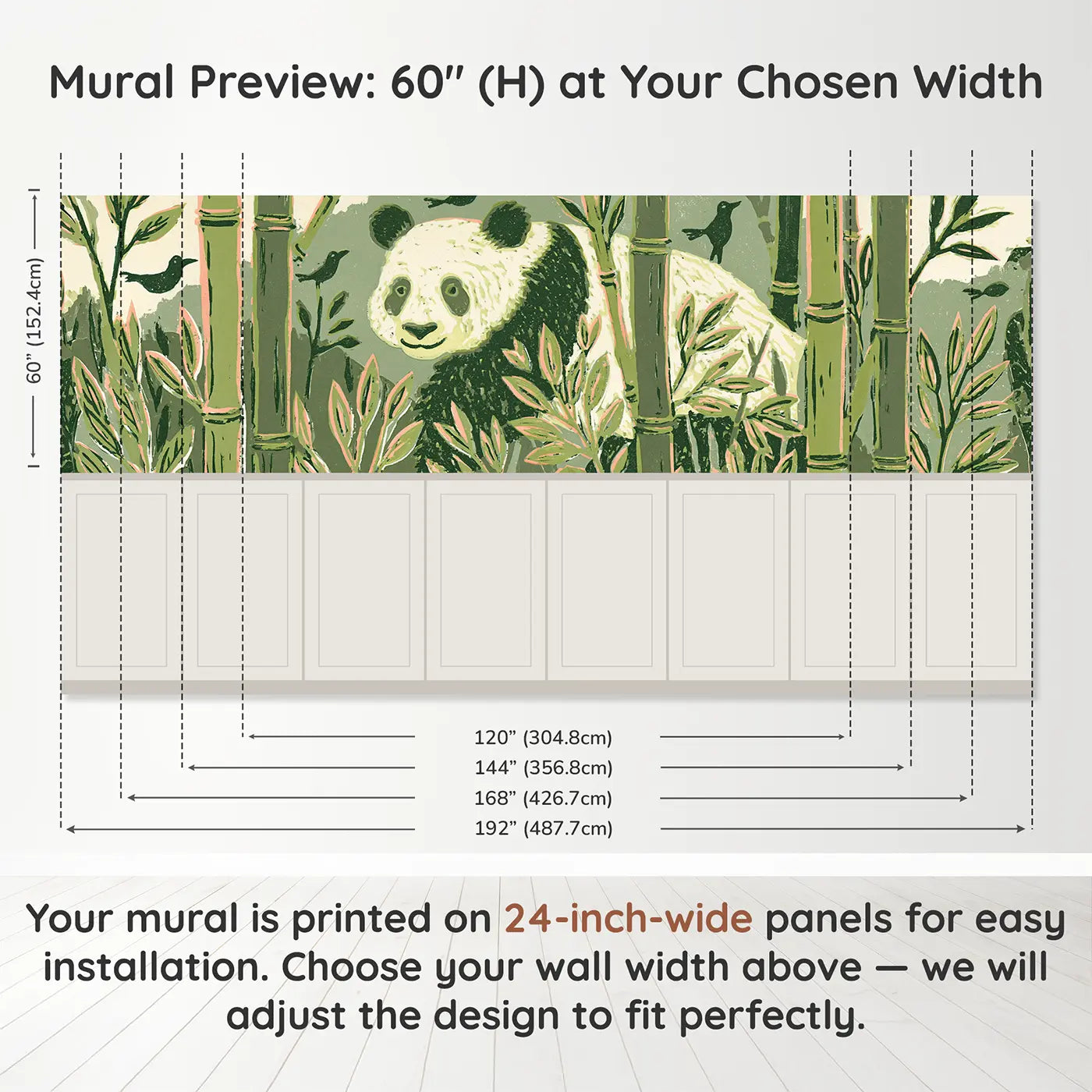 Panel dimensions for Carved Panda Bamboo Grove Wainscoting Wallpaper by Whimsy Tots