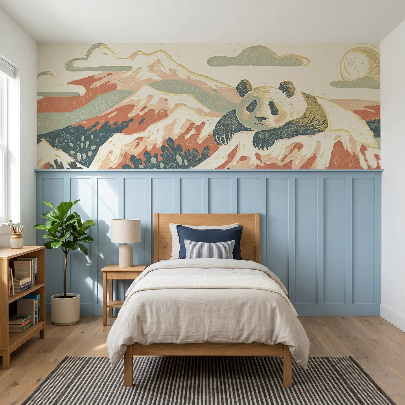 Block Print panda mountain wainscoting wallpaper for bedroom by Whimsy Tots.