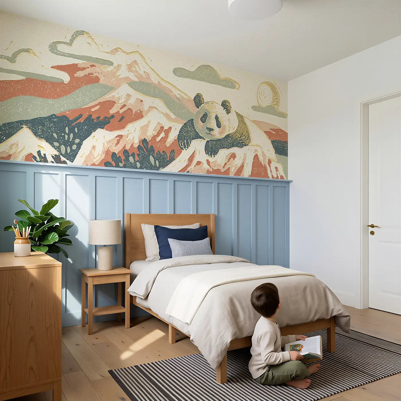 Child reading near Block Print Panda Mountain Wainscoting Wallpaper by Whimsy Tots