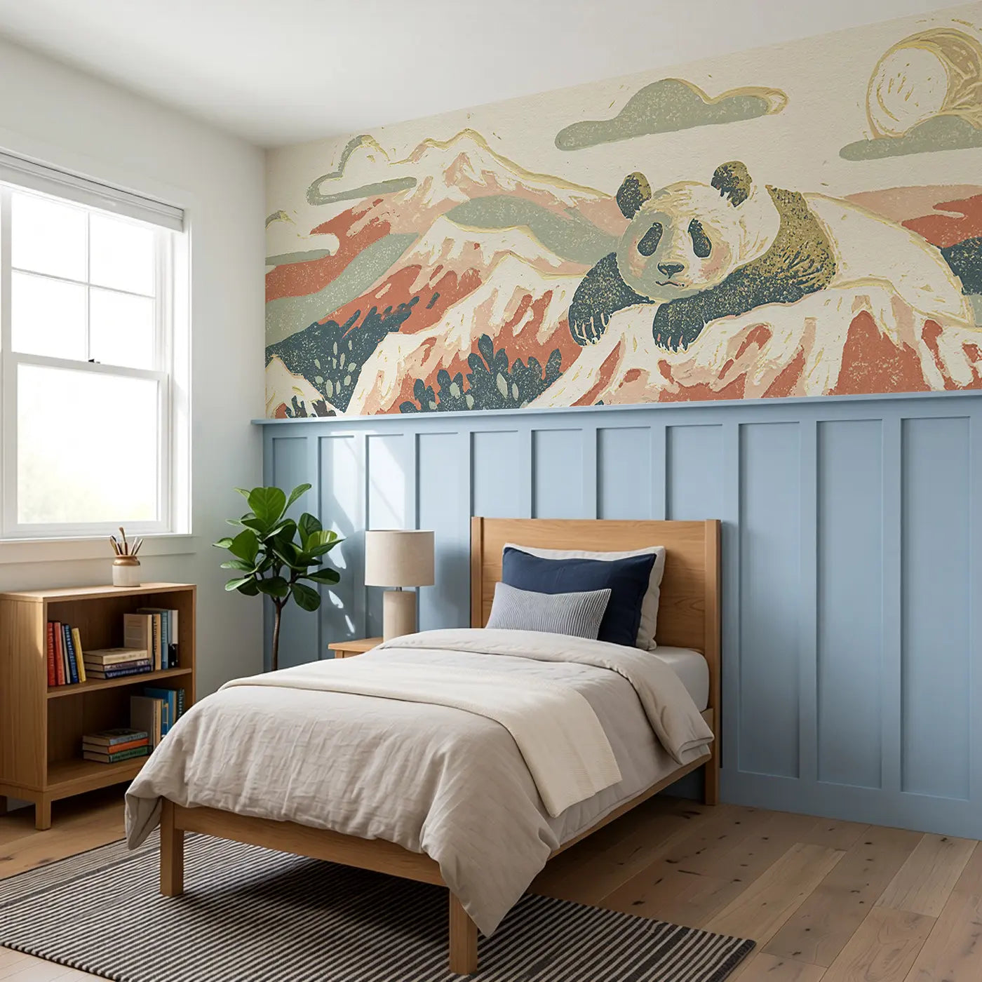 Block Print Panda Mountain Wainscoting Wallpaper styled in a kids bedroom by Whimsy Tots