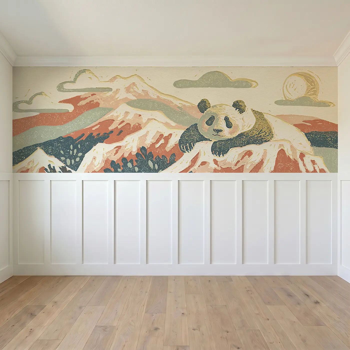 Full panel view of Block Print Panda Mountain Wainscoting Wallpaper by Whimsy Tots