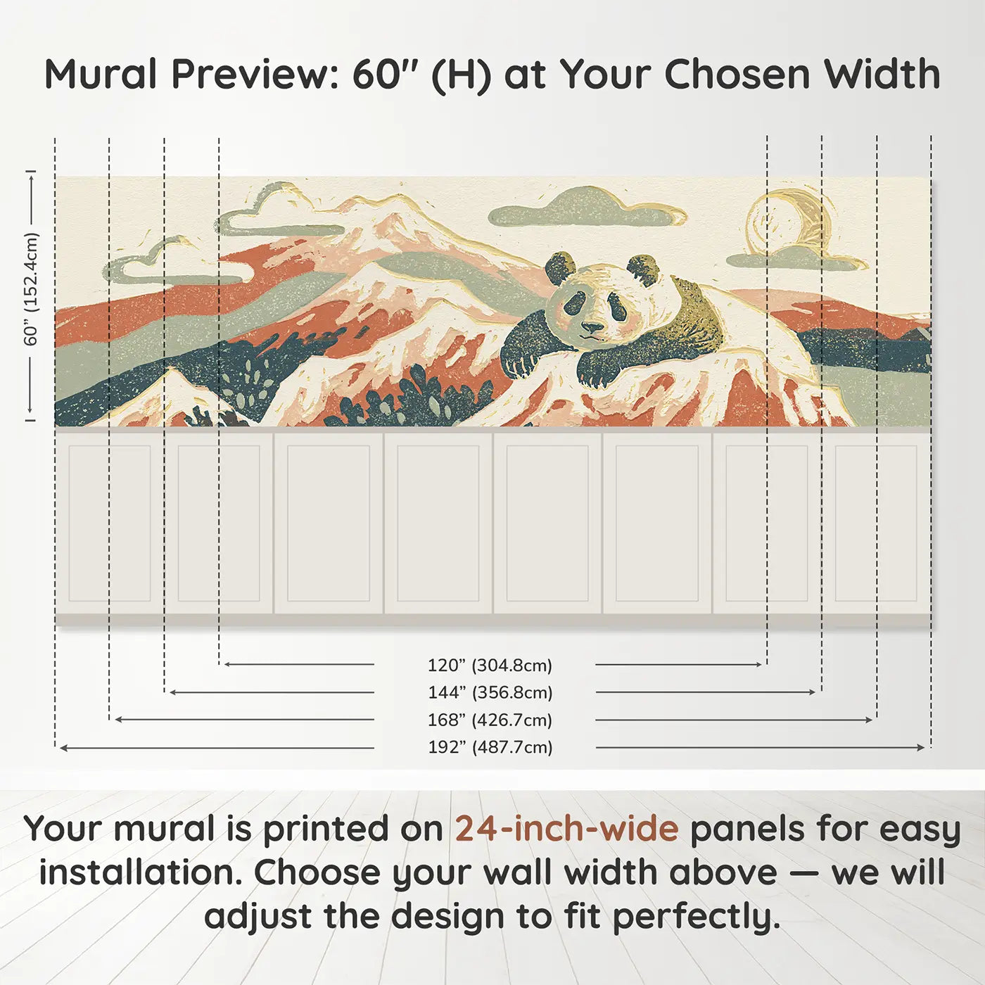 Panel dimensions for Block Print Panda Mountain Wainscoting Wallpaper by Whimsy Tots