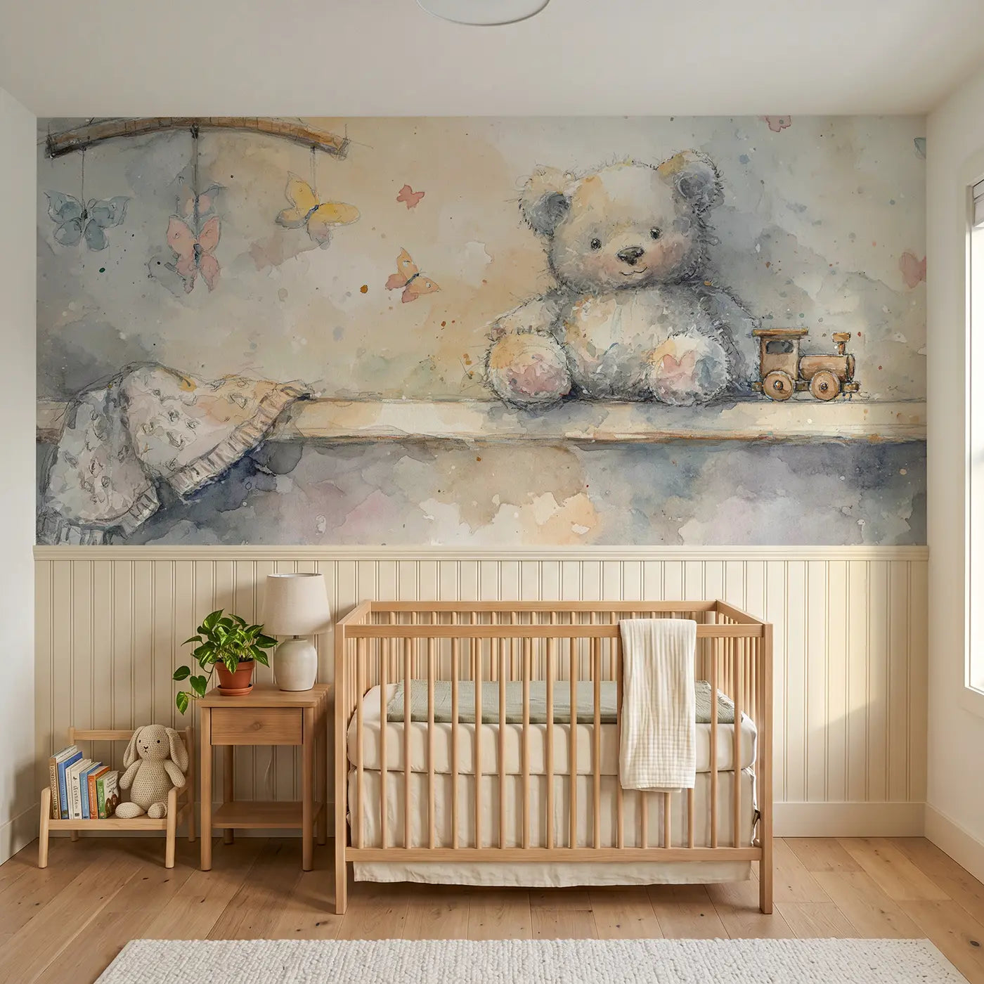 Watercolor teddy bear shelf wainscoting wallpaper for nursery by Whimsy Tots.