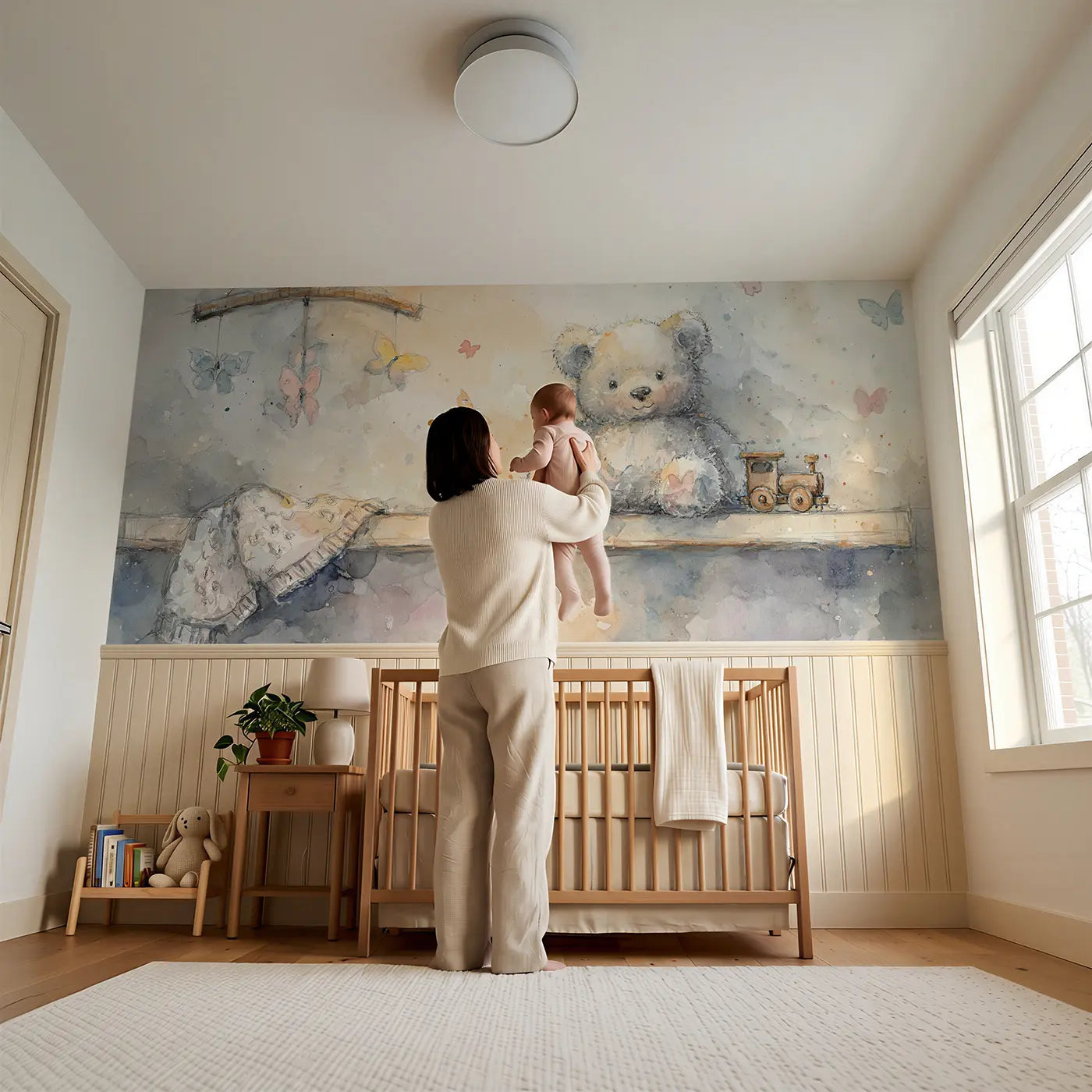 Child reading near Teddy Bear Nursery Shelf Wainscoting Wallpaper by Whimsy Tots