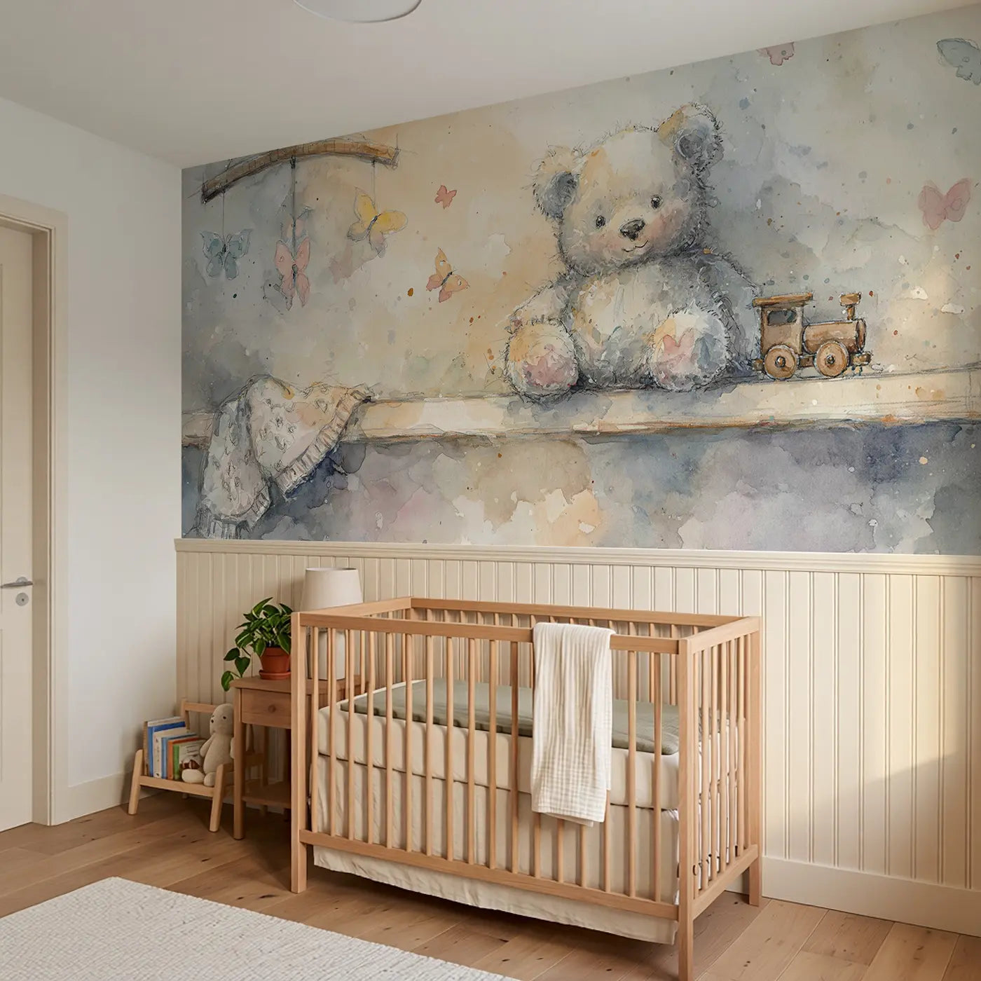 Teddy Bear Nursery Shelf Wainscoting Wallpaper styled in a kids bedroom by Whimsy Tots