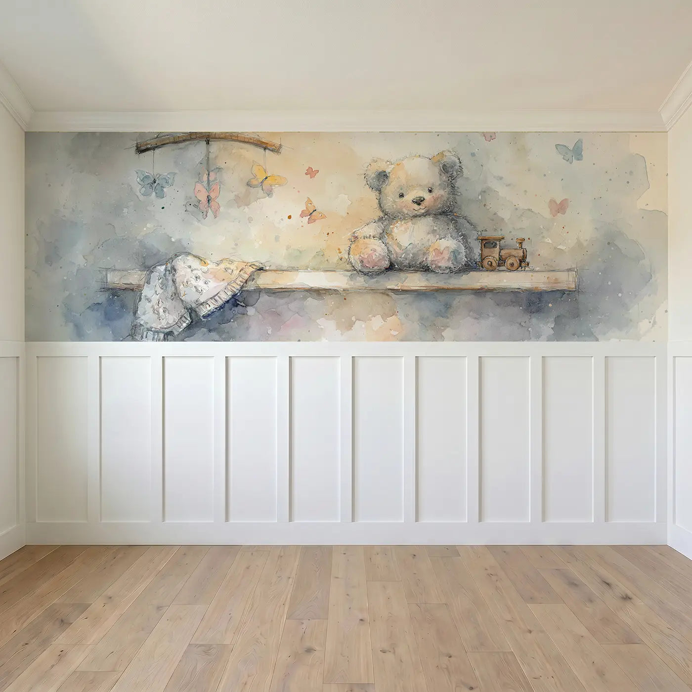 Full panel view of Teddy Bear Nursery Shelf Wainscoting Wallpaper by Whimsy Tots