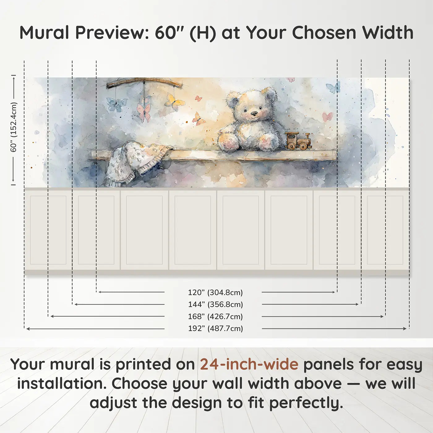 Panel dimensions for Teddy Bear Nursery Shelf Wainscoting Wallpaper by Whimsy Tots