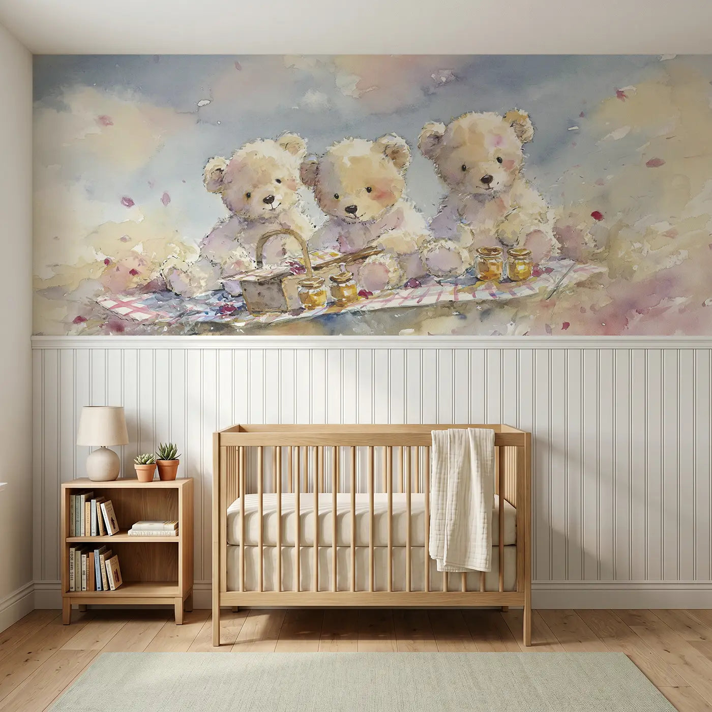 Watercolor teddy picnic meadow basket wainscoting wallpaper for nursery by Whimsy Tots.