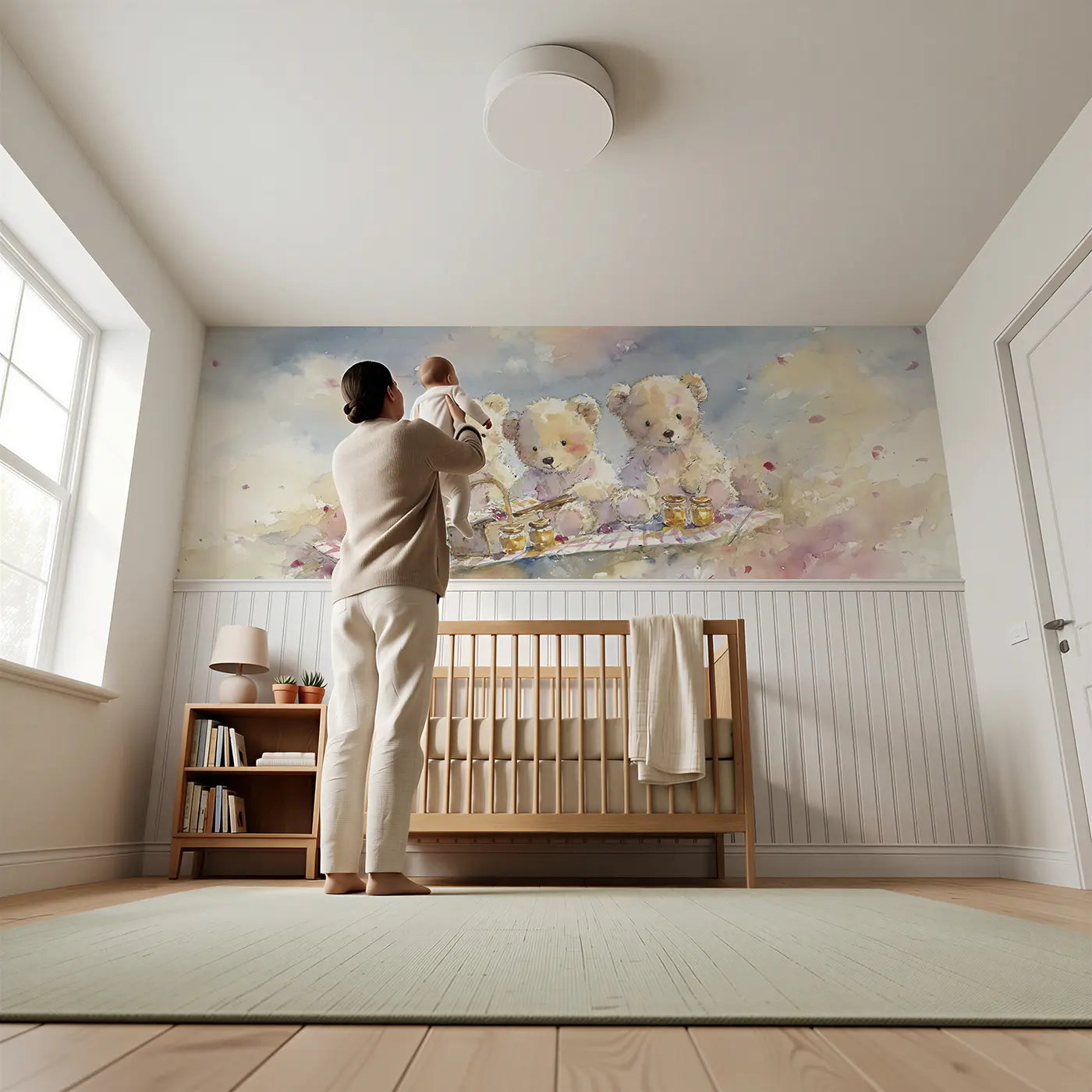 Child reading near Teddy Picnic Meadow Basket Wainscoting Wallpaper by Whimsy Tots
