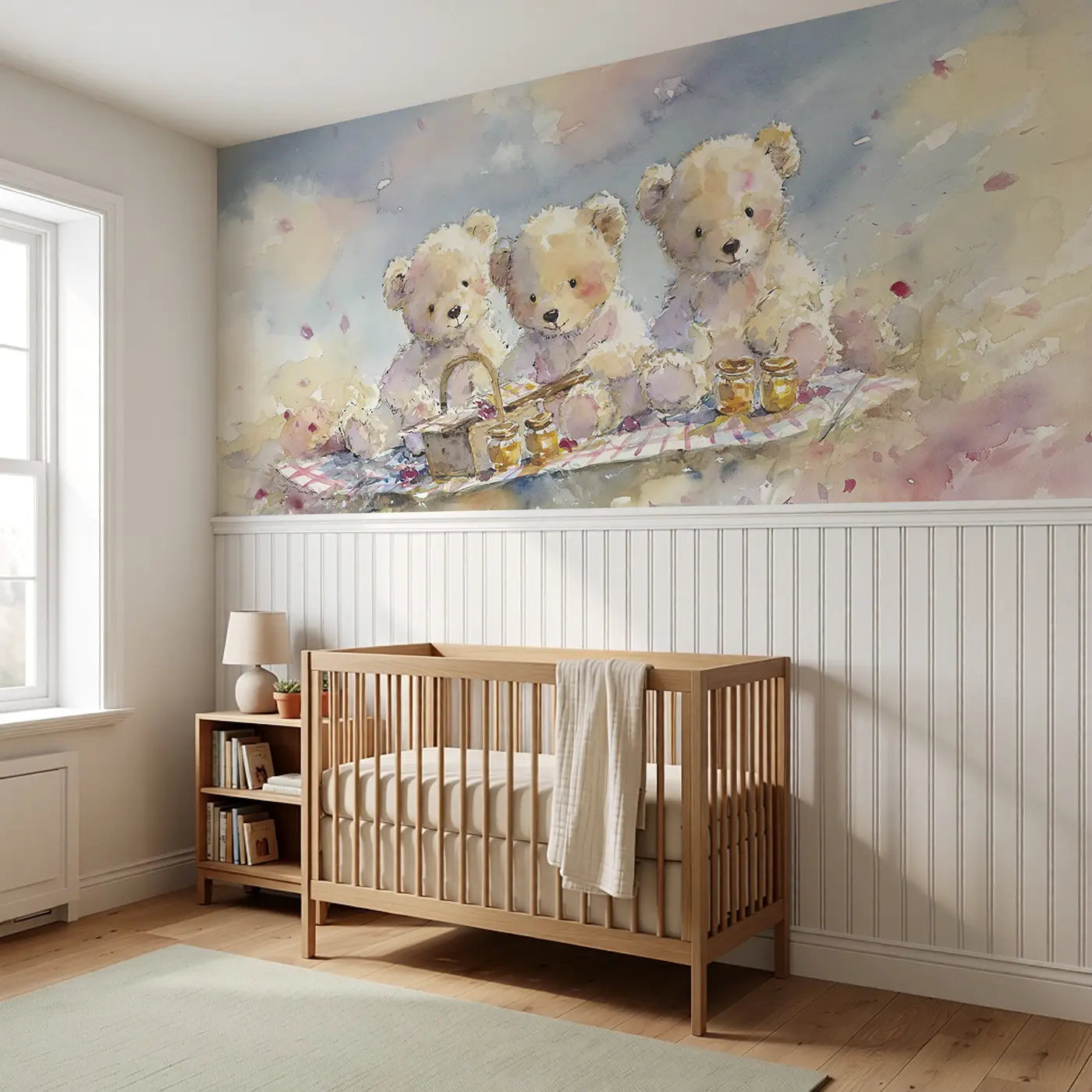 Teddy Picnic Meadow Basket Wainscoting Wallpaper styled in a kids bedroom by Whimsy Tots