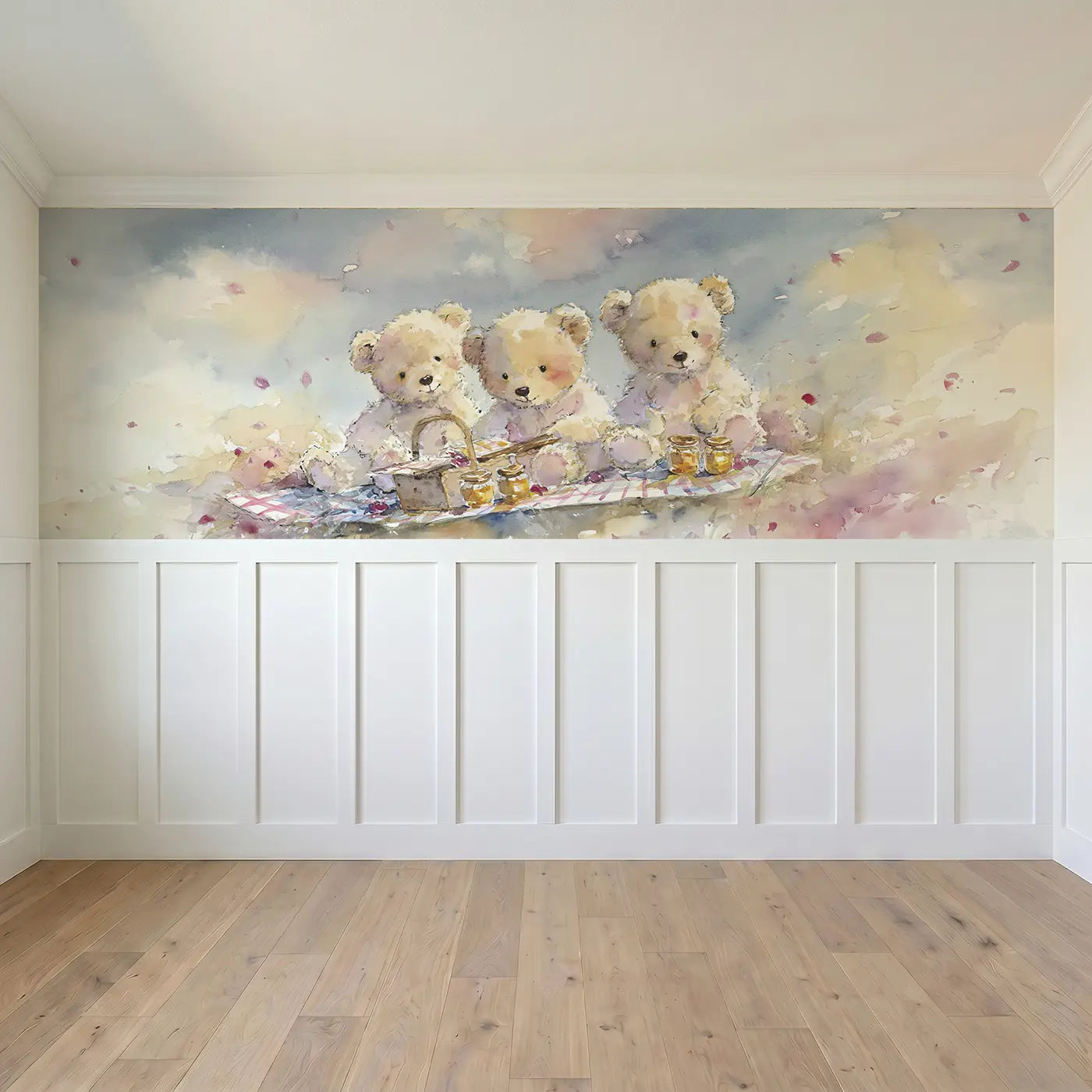 Full panel view of Teddy Picnic Meadow Basket Wainscoting Wallpaper by Whimsy Tots