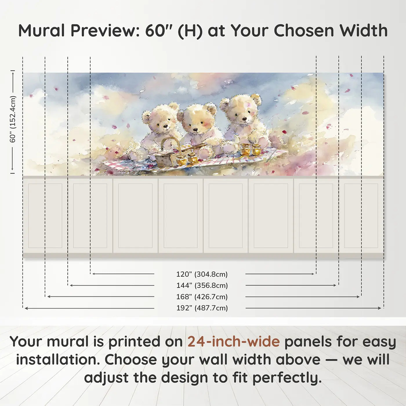 Panel dimensions for Teddy Picnic Meadow Basket Wainscoting Wallpaper by Whimsy Tots