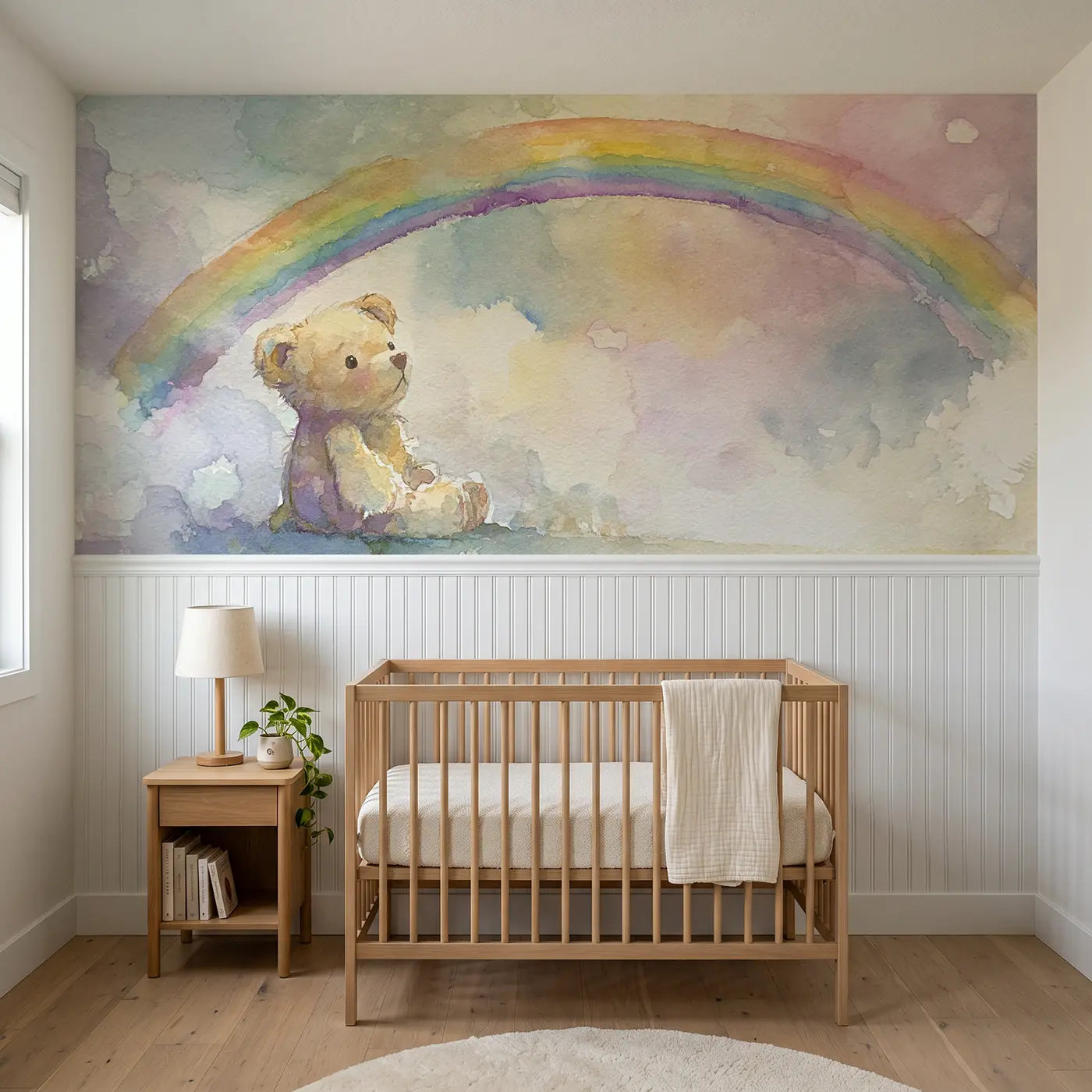 Watercolor teddy bear rainbow softly wainscoting wallpaper for nursery by Whimsy Tots.