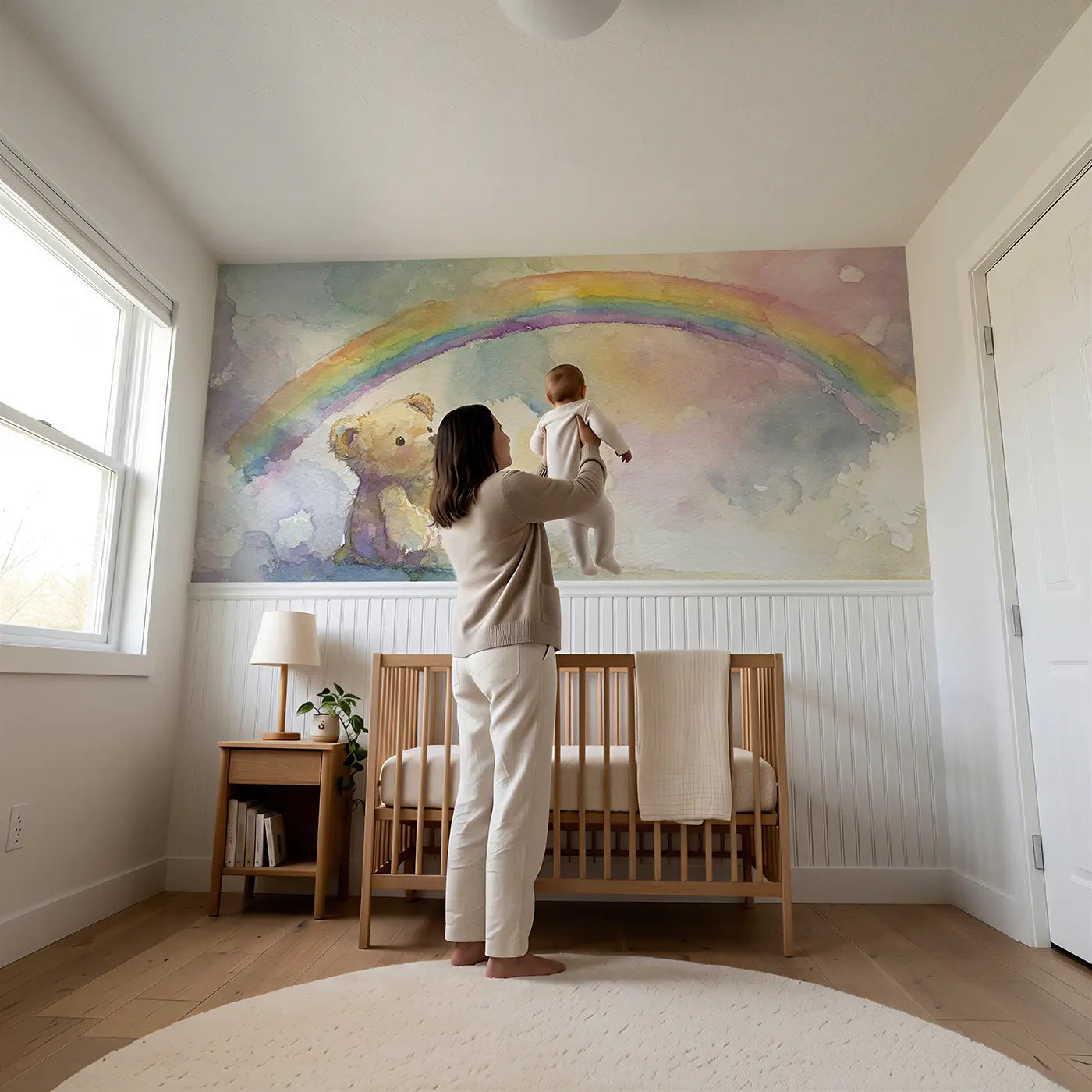 Child reading near Teddy Bear Rainbow Softly Wainscoting Wallpaper by Whimsy Tots