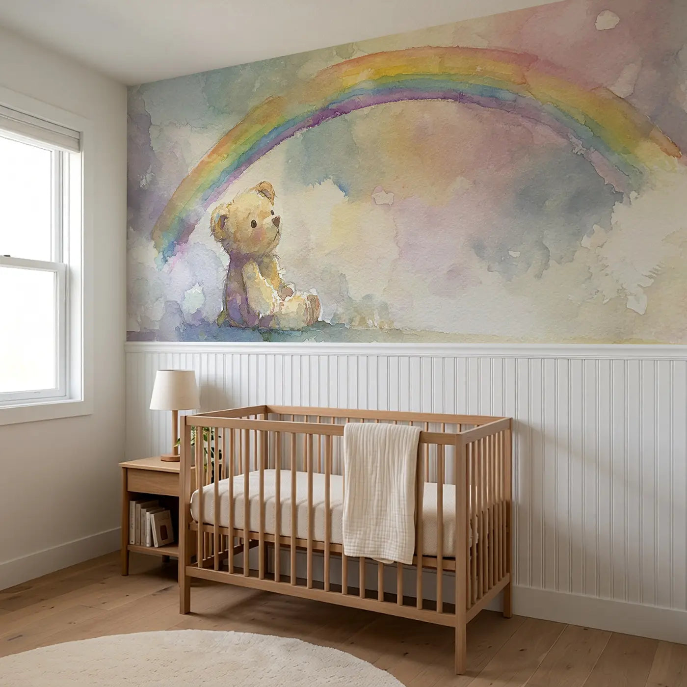Teddy Bear Rainbow Softly Wainscoting Wallpaper styled in a kids bedroom by Whimsy Tots