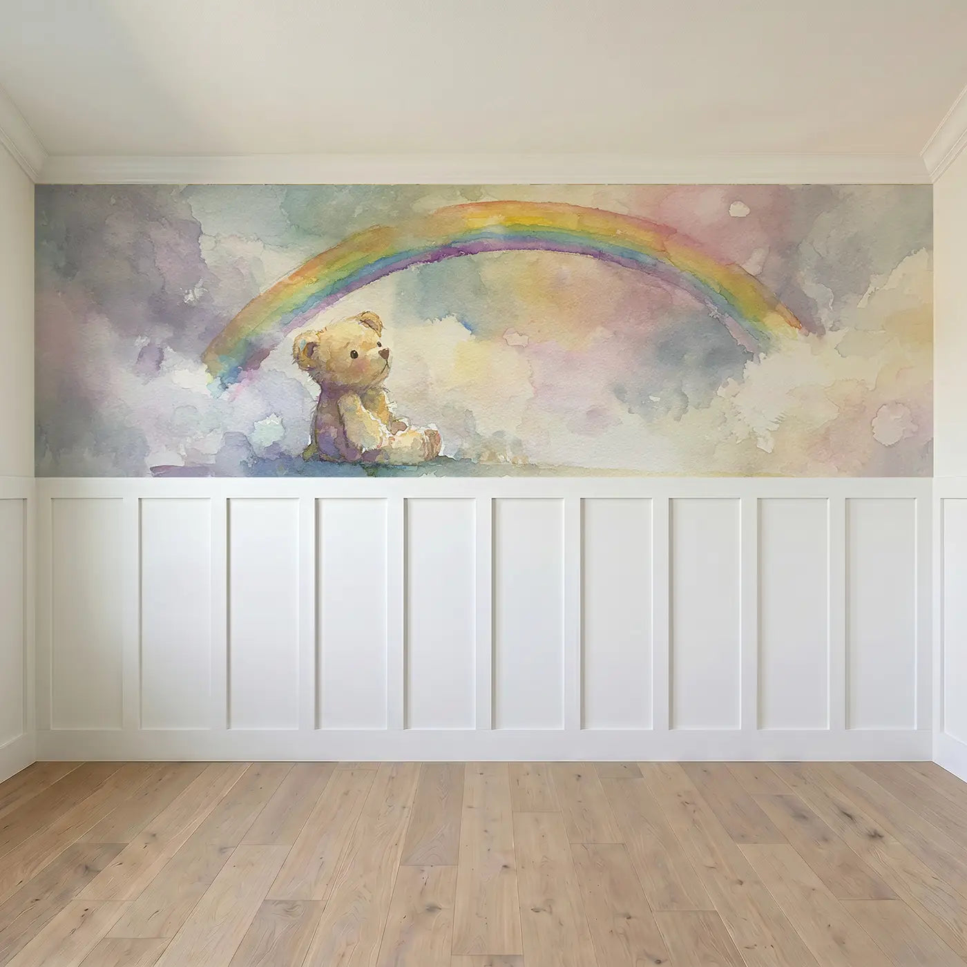 Full panel view of Teddy Bear Rainbow Softly Wainscoting Wallpaper by Whimsy Tots