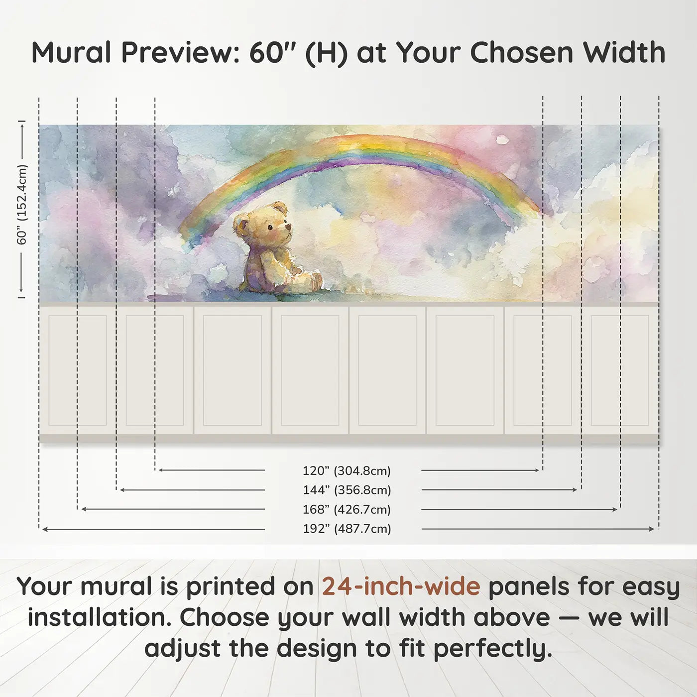 Panel dimensions for Teddy Bear Rainbow Softly Wainscoting Wallpaper by Whimsy Tots