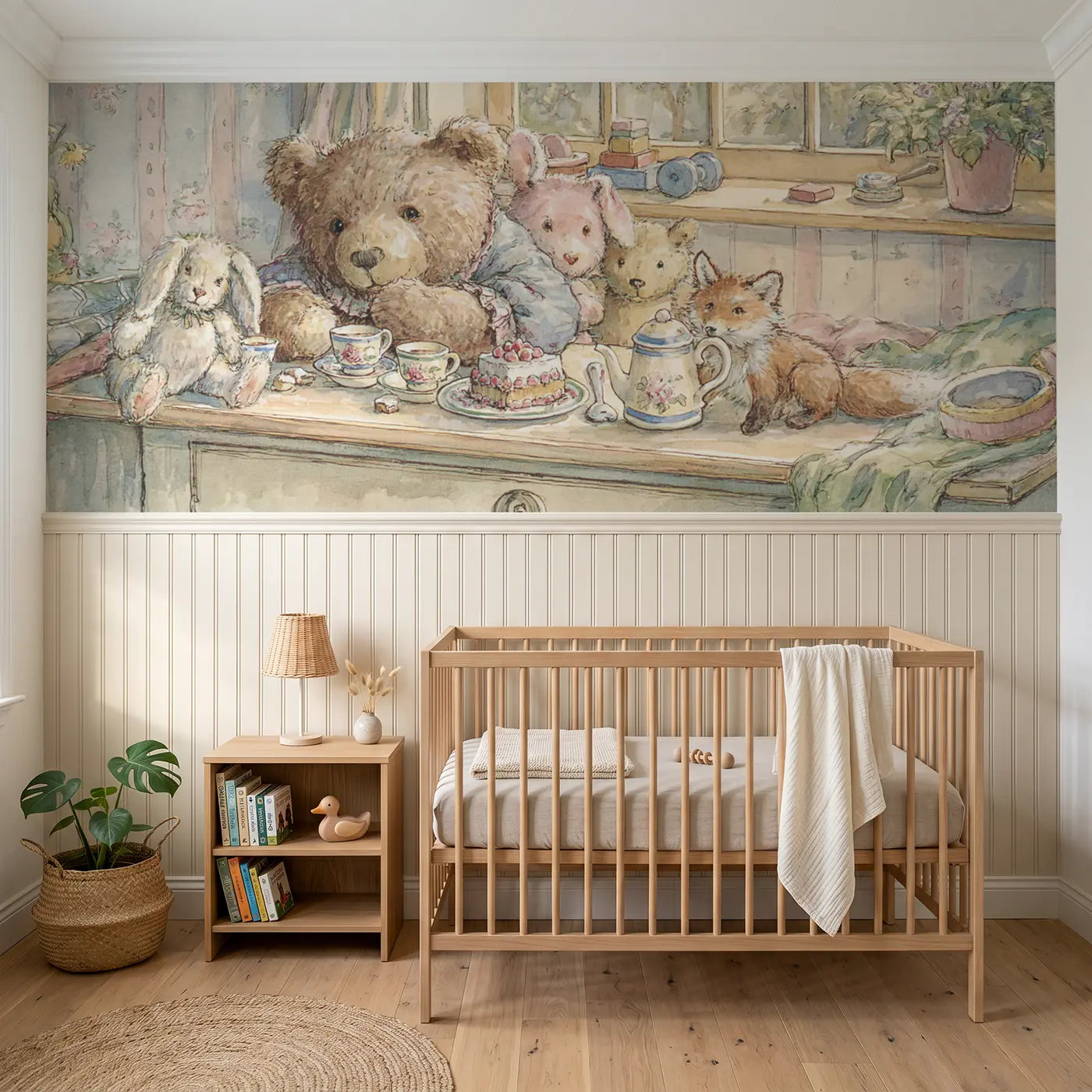 Storybook teddy bear tea party wainscoting wallpaper for nursery by Whimsy Tots.