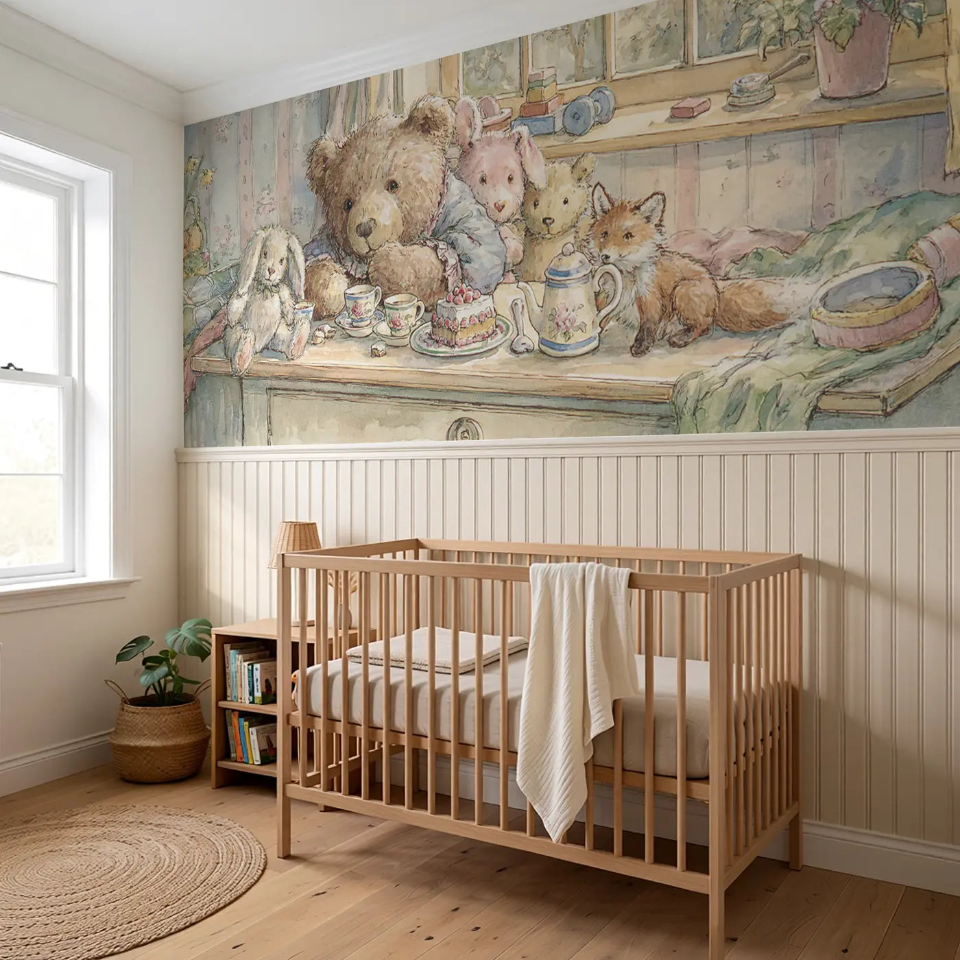 Teddy Bear Tea Party Nursery Wainscoting Wallpaper styled in a kids bedroom by Whimsy Tots