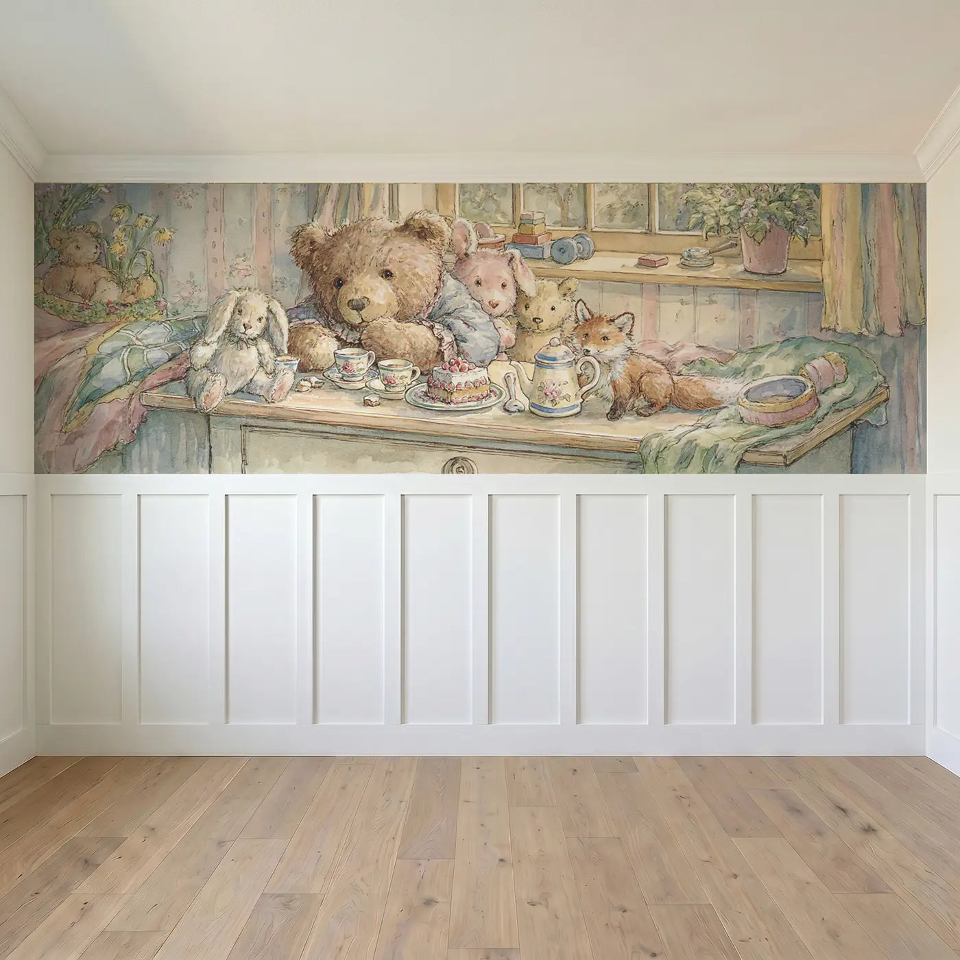 Full panel view of Teddy Bear Tea Party Nursery Wainscoting Wallpaper by Whimsy Tots