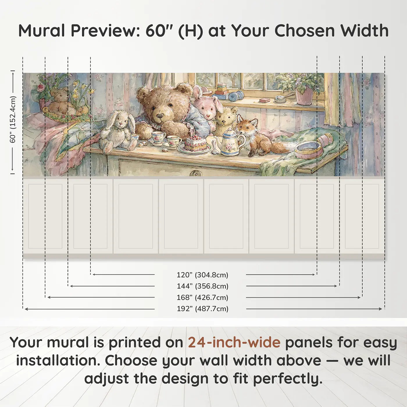 Panel dimensions for Teddy Bear Tea Party Nursery Wainscoting Wallpaper by Whimsy Tots