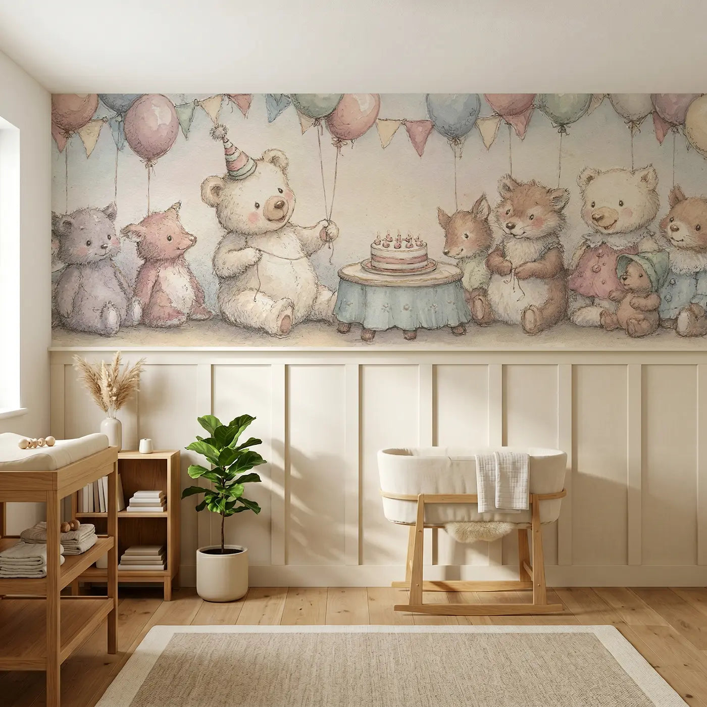 Storybook teddy bear birthday balloon wainscoting wallpaper for nursery by Whimsy Tots.