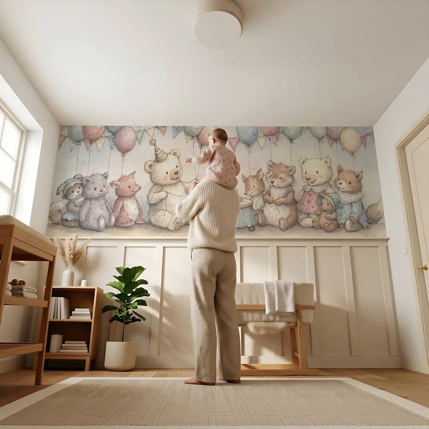 Child reading near Teddy Bear Birthday Balloon Wainscoting Wallpaper by Whimsy Tots