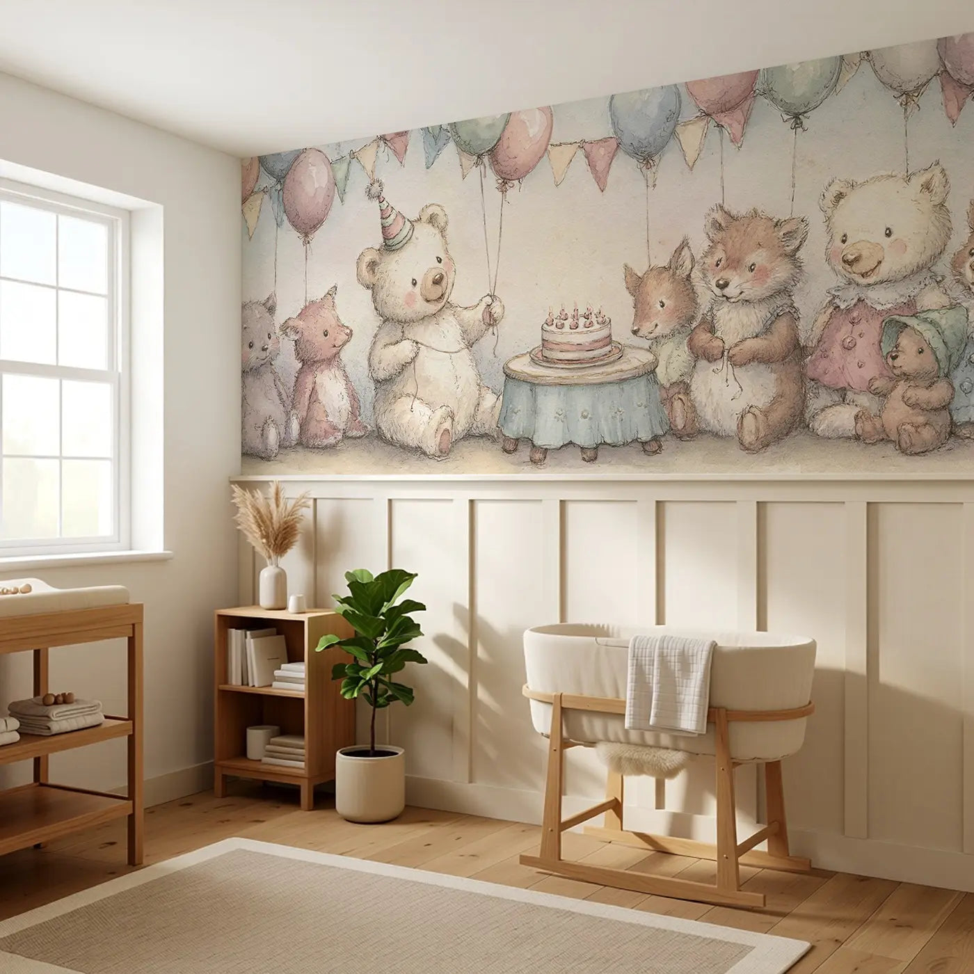 Teddy Bear Birthday Balloon Wainscoting Wallpaper styled in a kids bedroom by Whimsy Tots