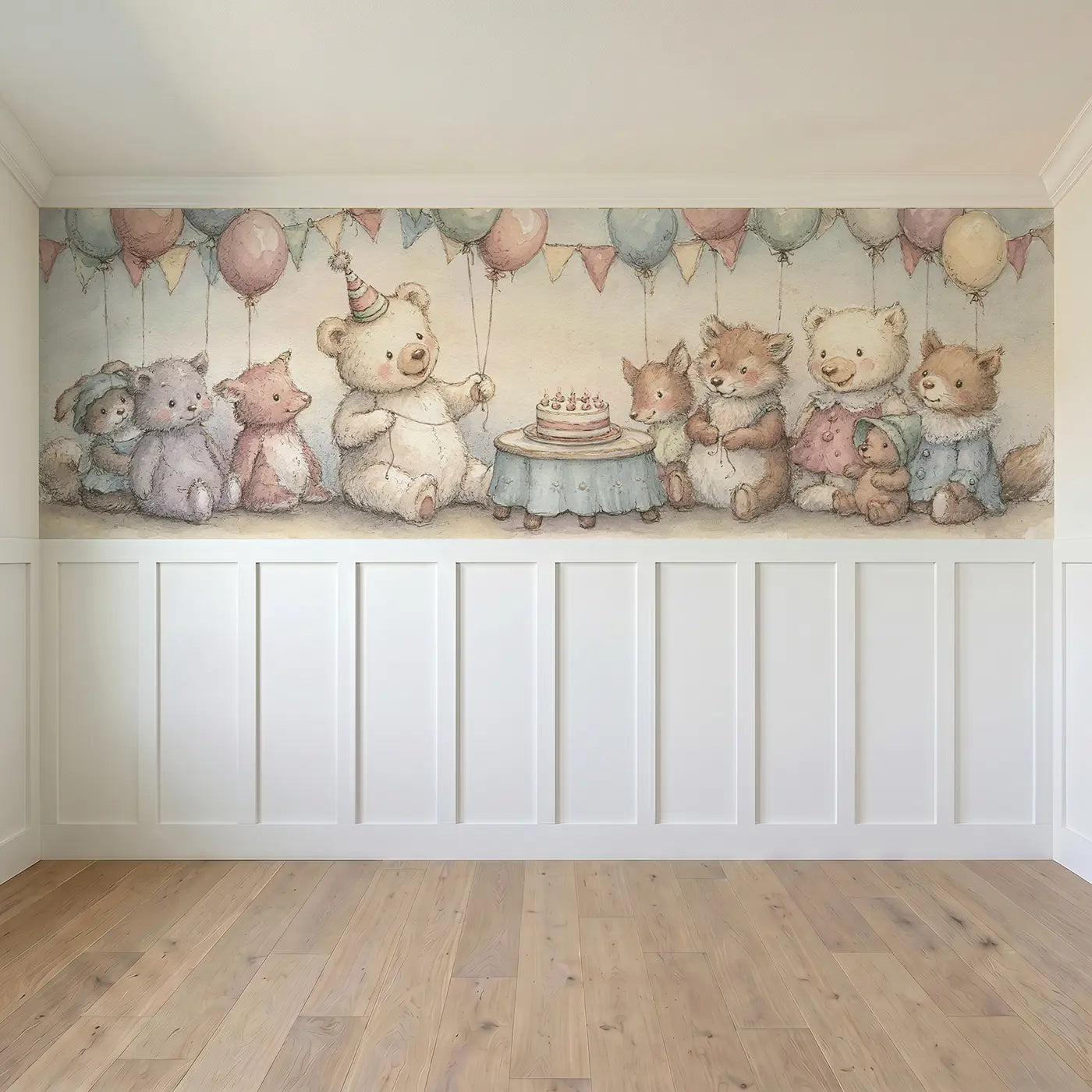 Full panel view of Teddy Bear Birthday Balloon Wainscoting Wallpaper by Whimsy Tots