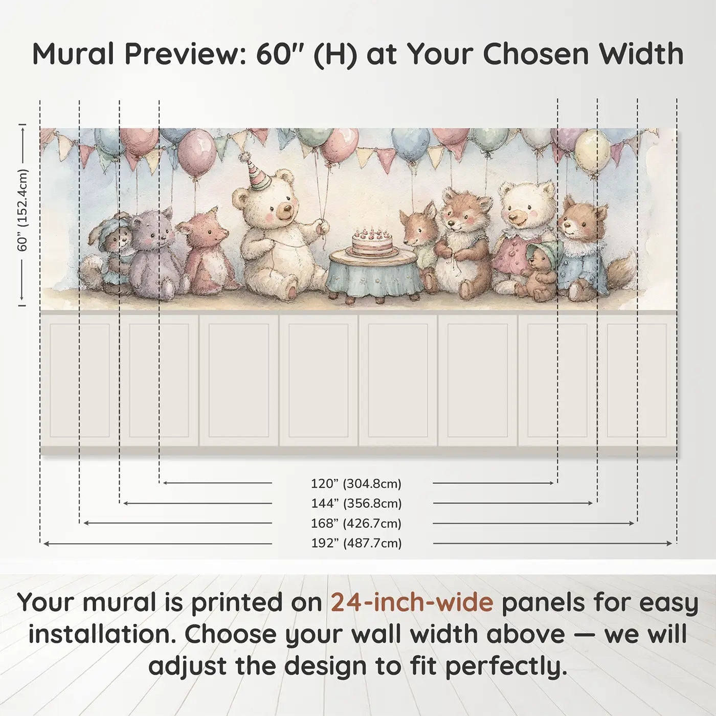 Panel dimensions for Teddy Bear Birthday Balloon Wainscoting Wallpaper by Whimsy Tots