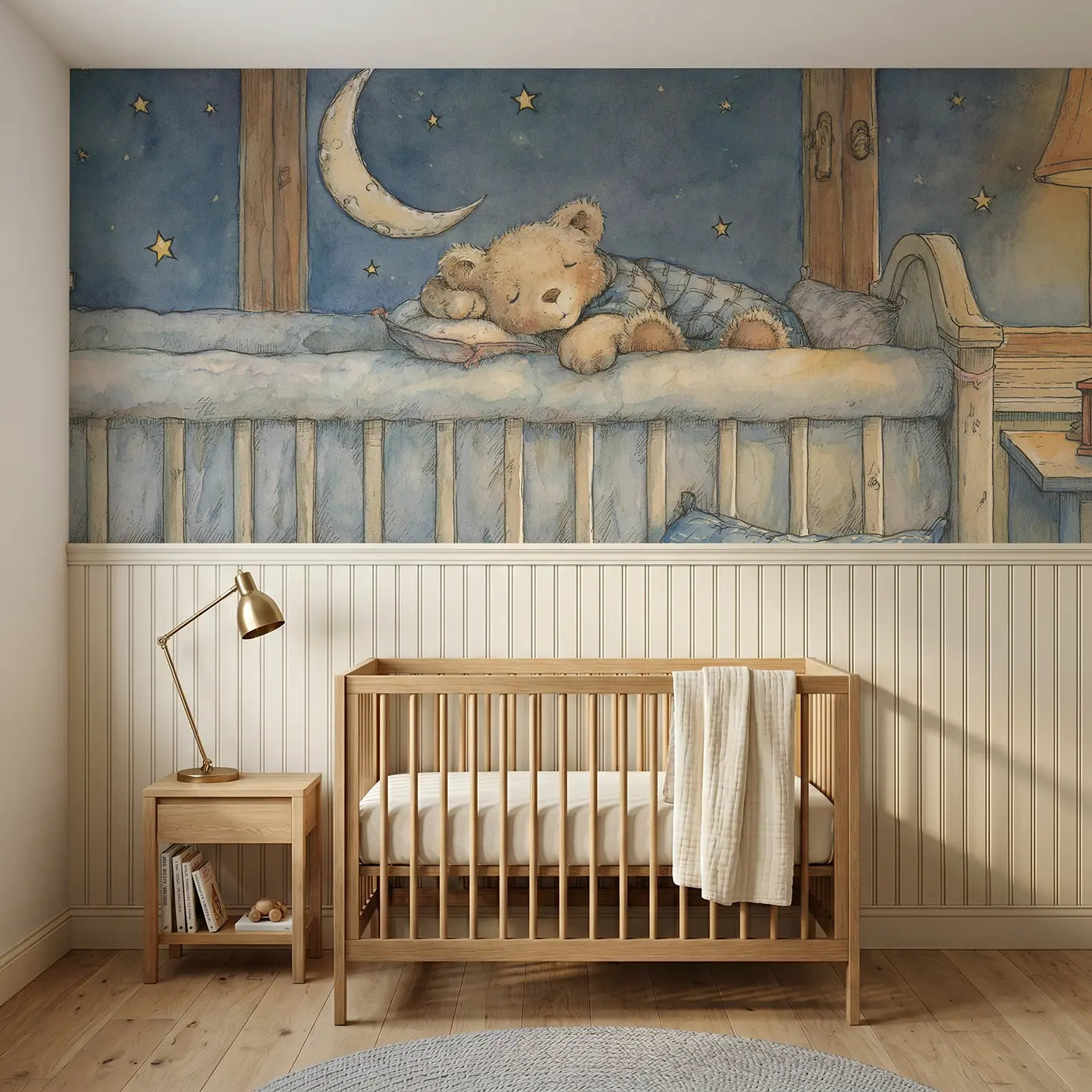 Storybook teddy bear sleep moon lullaby wainscoting wallpaper for nursery by Whimsy Tots.
