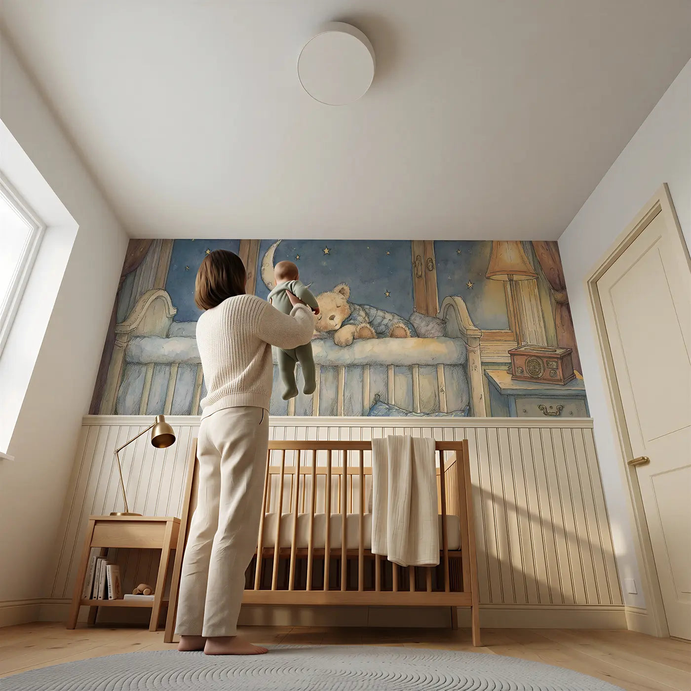 Child reading near Teddy Bear Sleep Moon Lullaby Wainscoting Wallpaper by Whimsy Tots