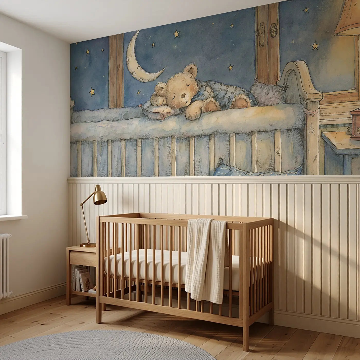 Teddy Bear Sleep Moon Lullaby Wainscoting Wallpaper styled in a kids bedroom by Whimsy Tots