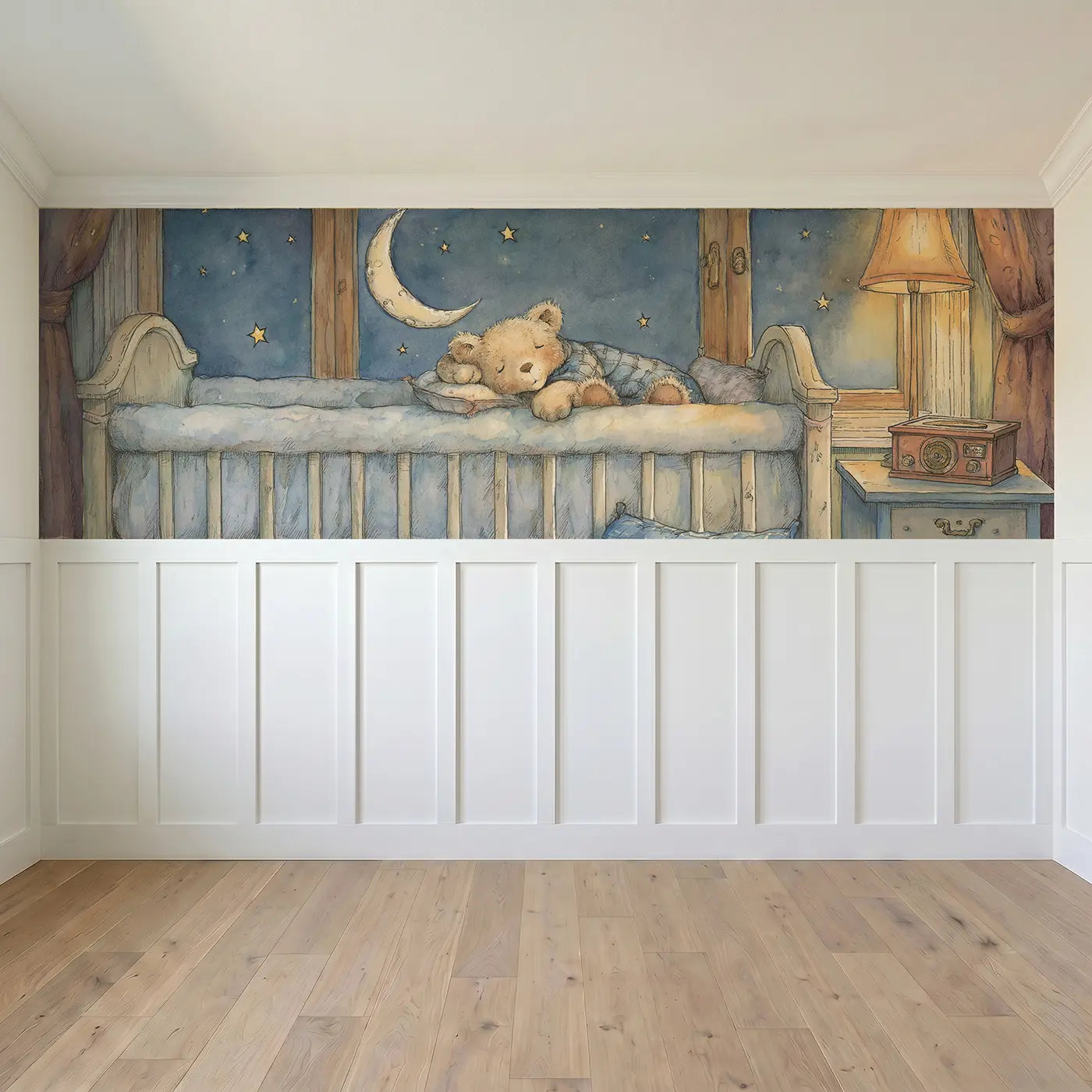 Full panel view of Teddy Bear Sleep Moon Lullaby Wainscoting Wallpaper by Whimsy Tots