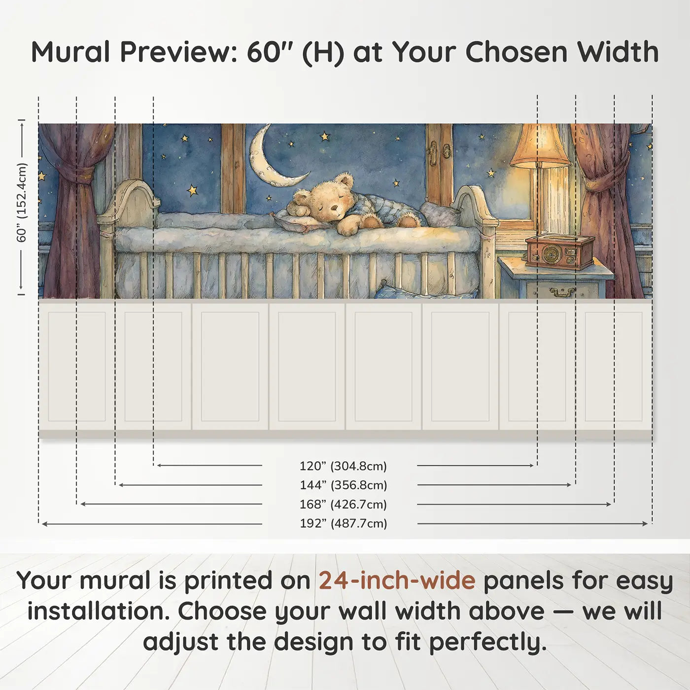 Panel dimensions for Teddy Bear Sleep Moon Lullaby Wainscoting Wallpaper by Whimsy Tots