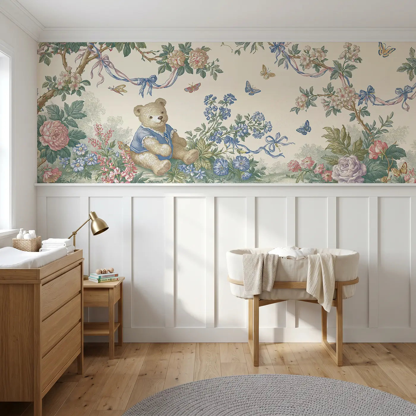 Botanical Elegance teddy bear toile wainscoting wallpaper for nursery by Whimsy Tots.